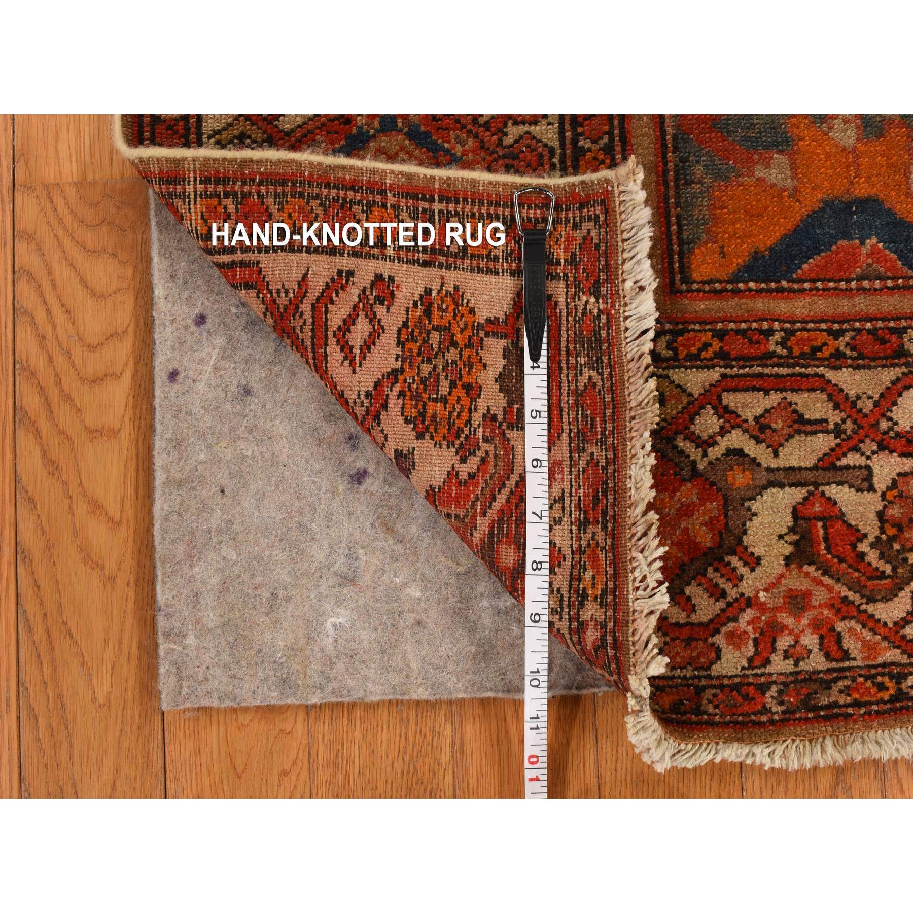 4'x6'2" Midnight Blue with Burnt Orange, Antique North West Persian, Clean, Even Wear, Distinct Abrash, Multiple Borders, Serated Leaf and Large Scale Tribal Flower Design, 100% Wool, Hand Knotted, Oriental Rug Sh78284
