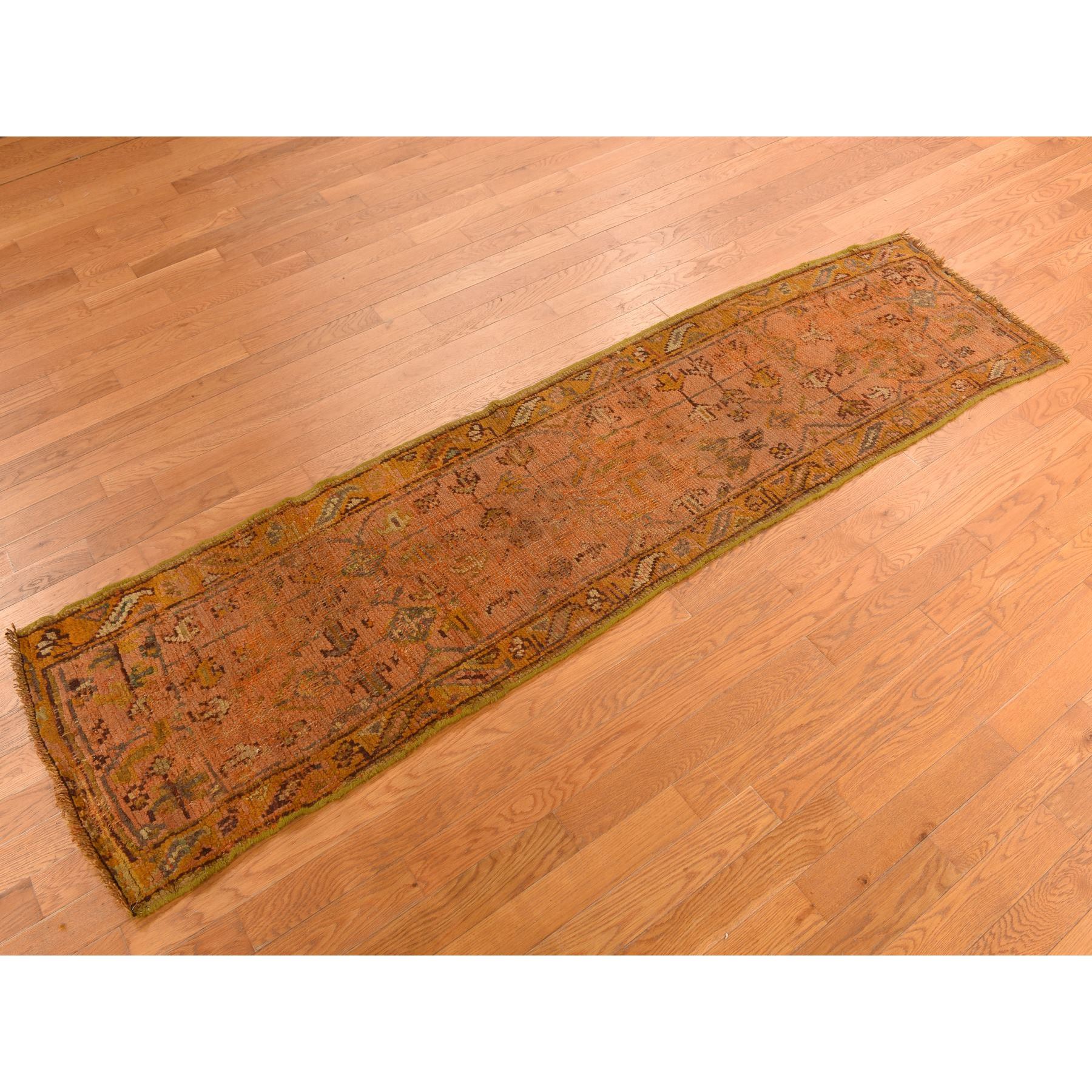 2'1"x8'3" Coral Color, Antique Turkish Oushak, Clean, Even Wear, Wool Weft, 100% Wool, Hand Knotted, Runner, Oriental Rug Sh78285