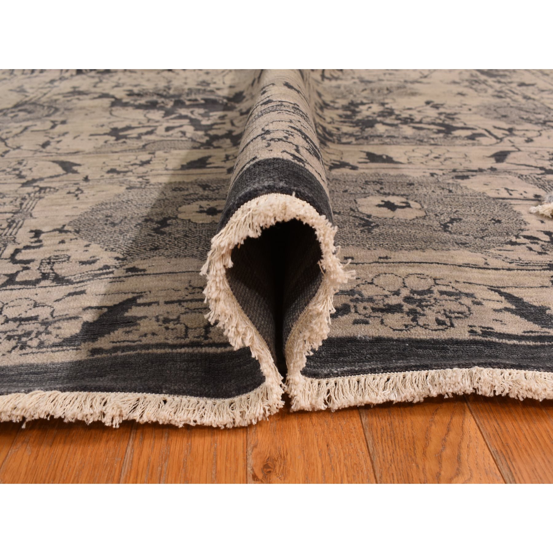 9'1"x12' Tan Color, Broken and Erased Persian Design, Wool and Silk, Transitional, Hand Knotted, Oriental Rug Sh78288