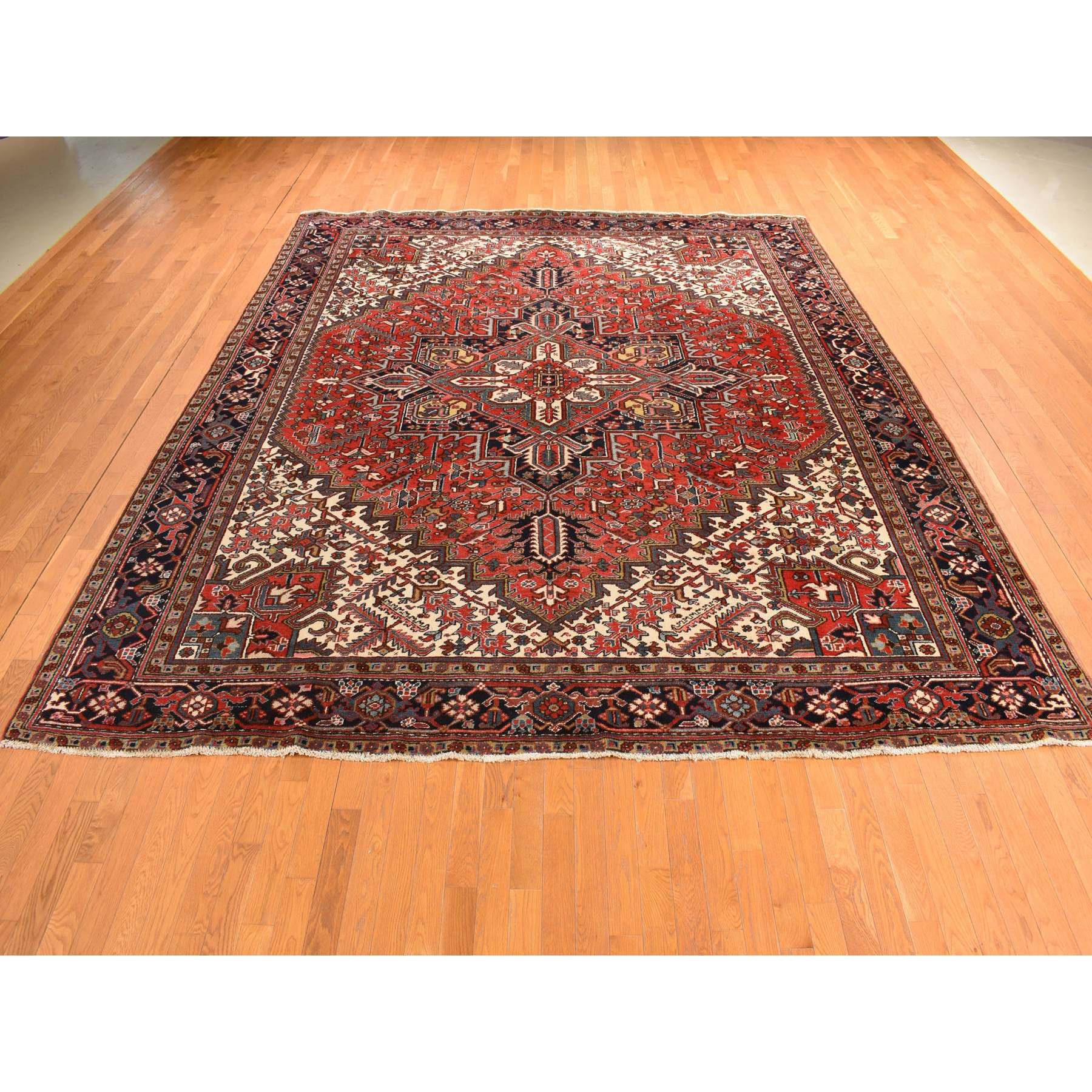 11'x13' Crimson Red, Semi Antique, Persian Heriz, Full Pile, Clean, Soft and in Very Good Condition, 100% Wool, Hand Knotted, Squarish, Oriental Rug Sh78290