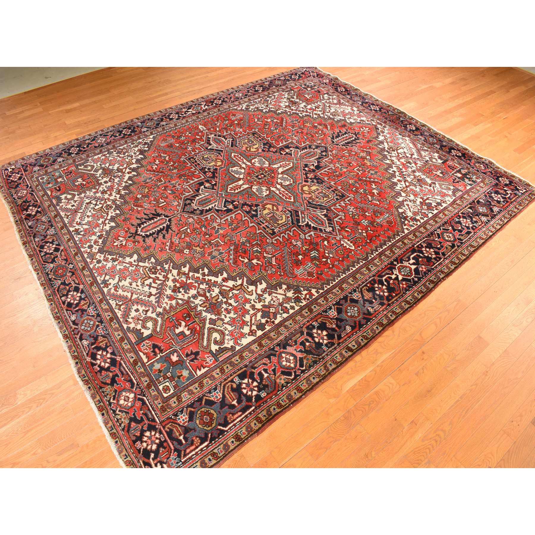 11'x13' Crimson Red, Semi Antique, Persian Heriz, Full Pile, Clean, Soft and in Very Good Condition, 100% Wool, Hand Knotted, Squarish, Oriental Rug Sh78290