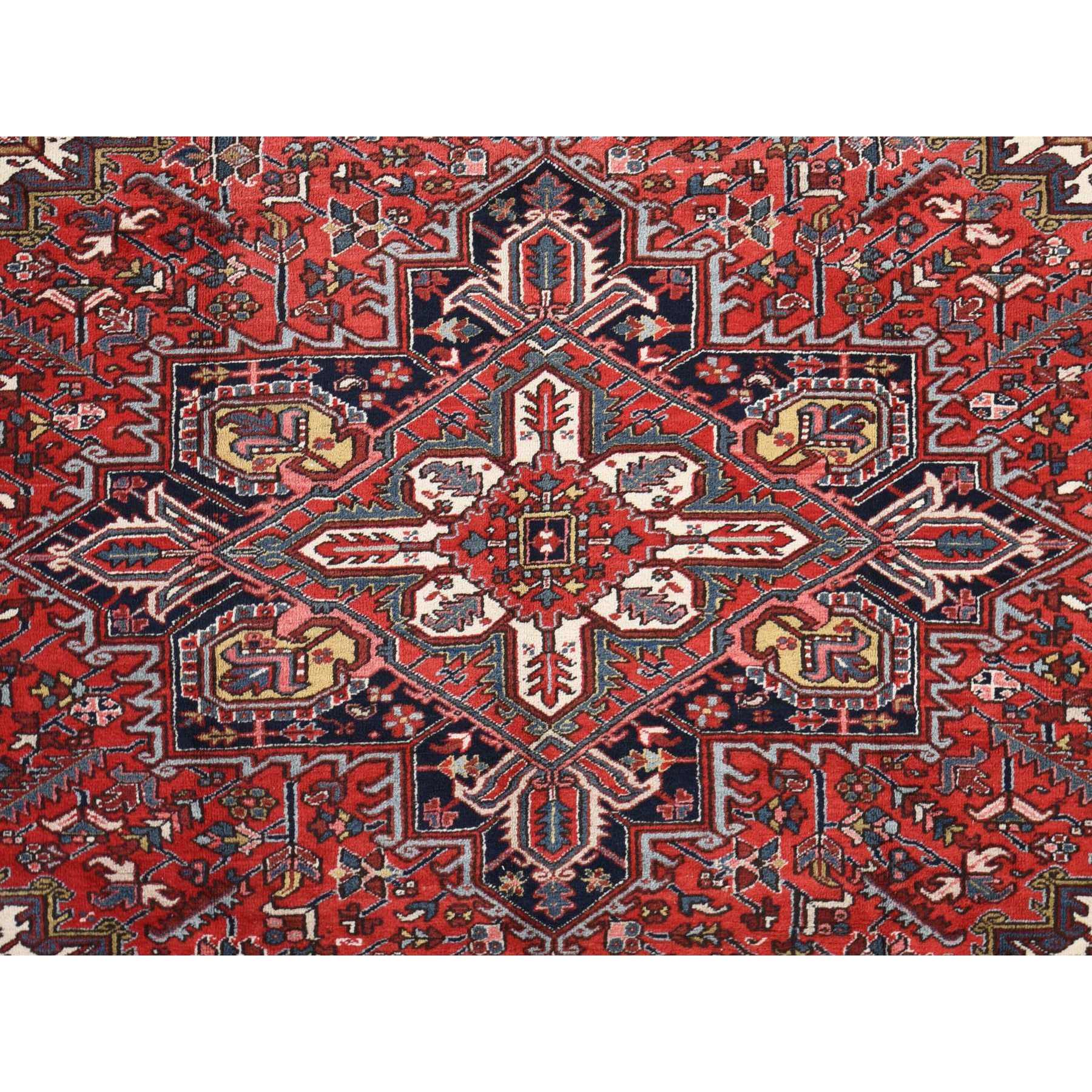 11'x13' Crimson Red, Semi Antique, Persian Heriz, Full Pile, Clean, Soft and in Very Good Condition, 100% Wool, Hand Knotted, Squarish, Oriental Rug Sh78290
