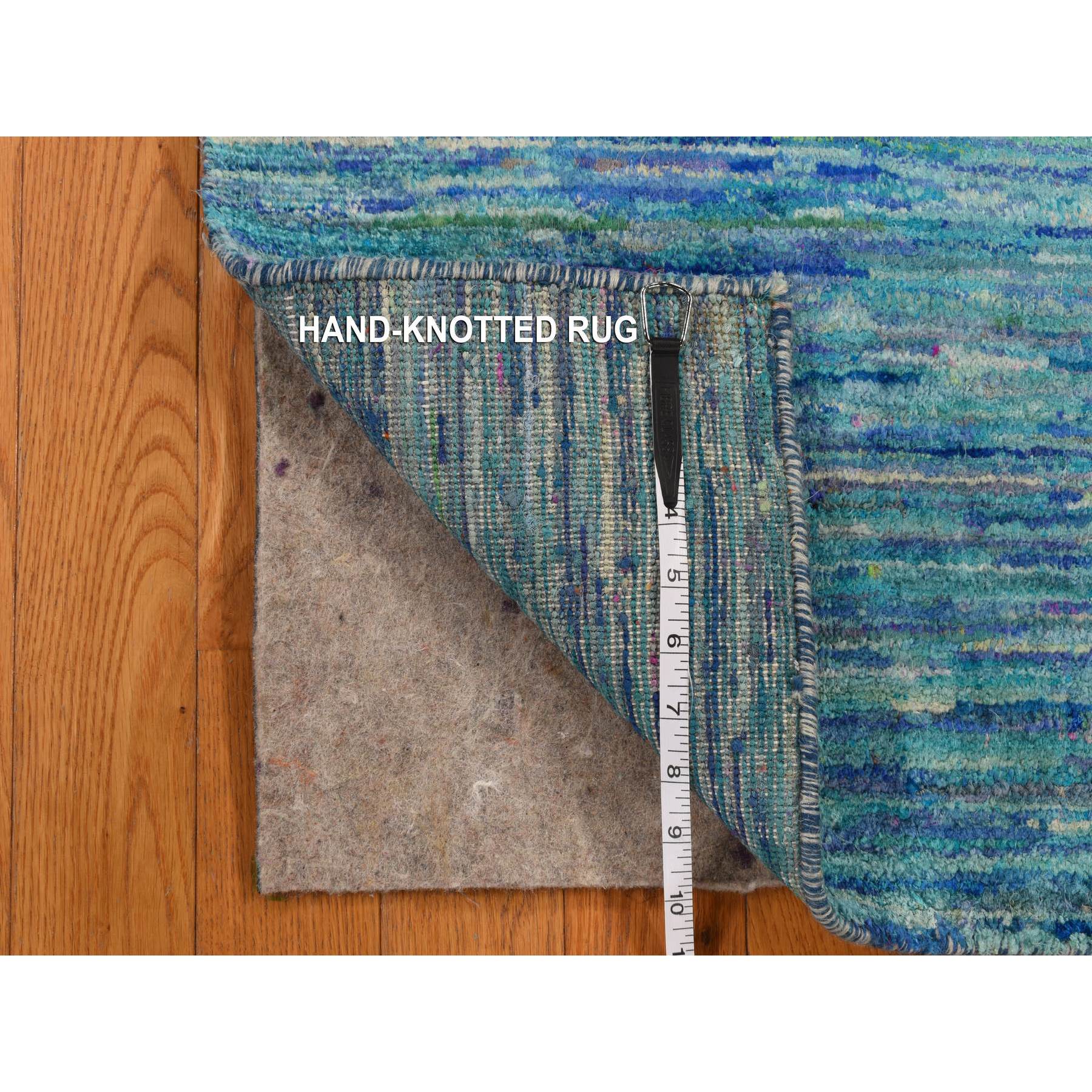 2'1"x3'2" Shades of Blue, Plain Solid Design, Hand Knotted, Sample, Strike Off, Pure Sari Silk, Mat, Oriental Rug Sh78295