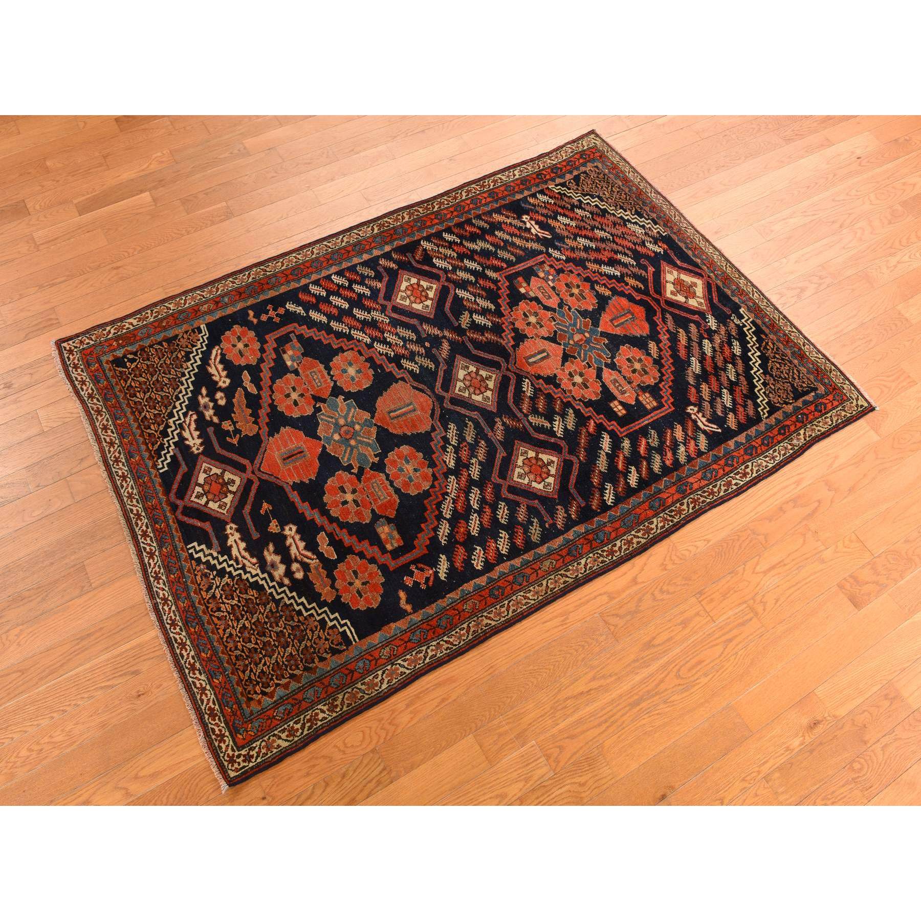 4'6"x6'7" Midnight Blue with a Mix of Red, Antique North West Persian with Double Medallion Design, Geometric Design, Clean and in Excellent Condition, 100% Wool, Hand Knotted, Oriental Rug Sh78302