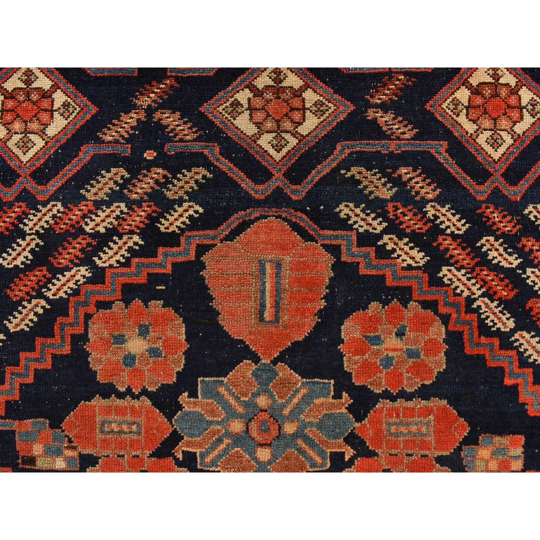 4'6"x6'7" Midnight Blue with a Mix of Red, Antique North West Persian with Double Medallion Design, Geometric Design, Clean and in Excellent Condition, 100% Wool, Hand Knotted, Oriental Rug Sh78302