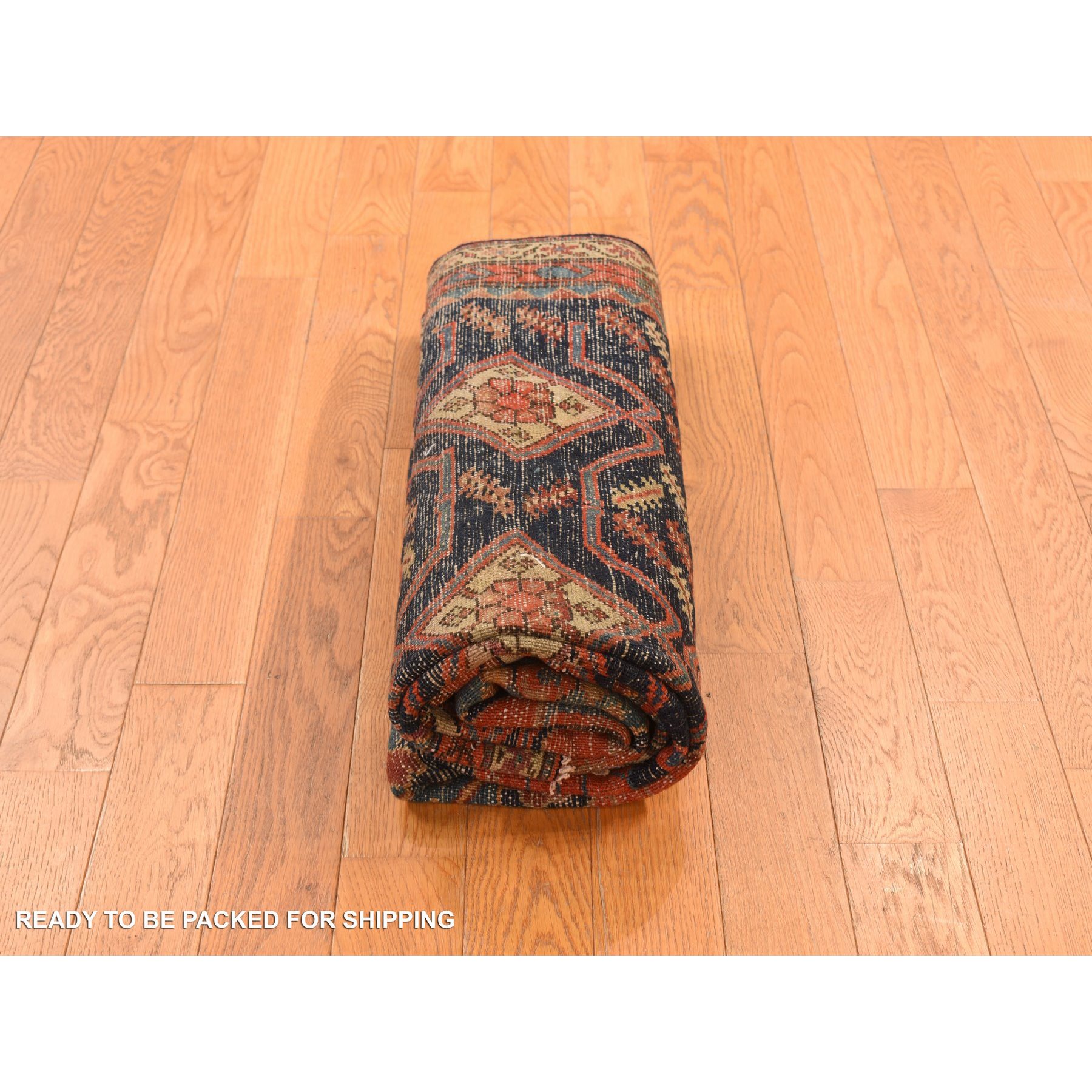 4'6"x6'7" Midnight Blue with a Mix of Red, Antique North West Persian with Double Medallion Design, Geometric Design, Clean and in Excellent Condition, 100% Wool, Hand Knotted, Oriental Rug Sh78302