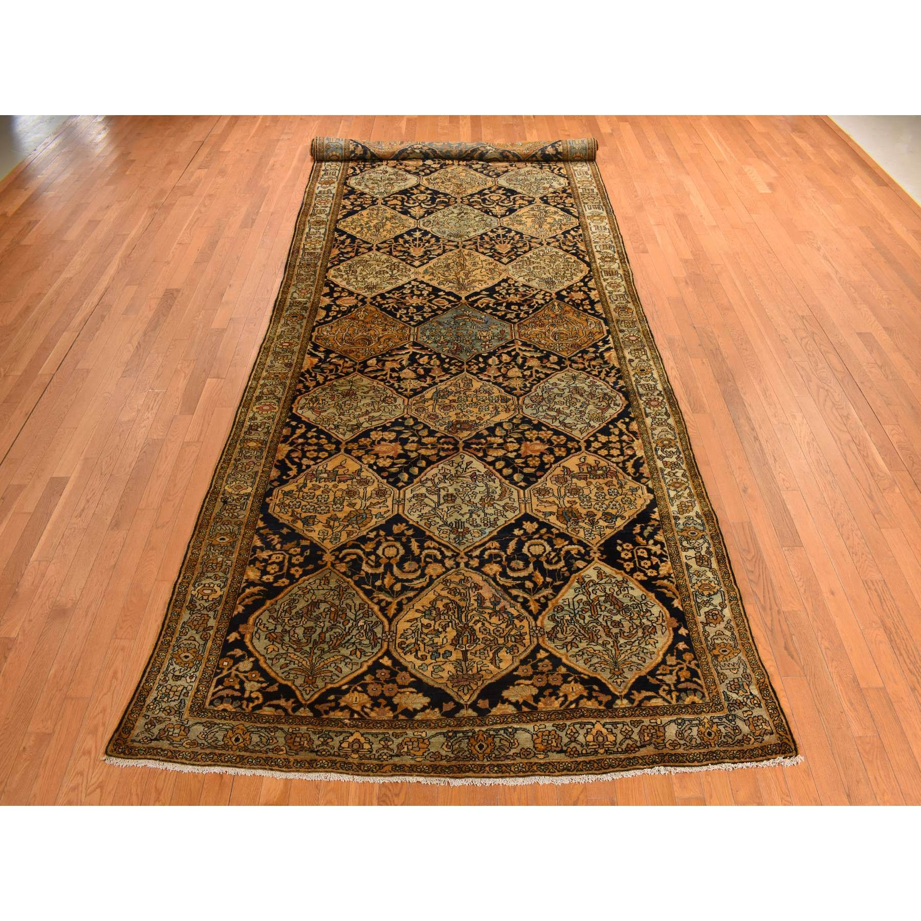 6'8"x19'3" Midnight Blue with Yellow, Antique Persian Bakhtiari in an Excellent Condition, Diamond Shape Garden Medallion Design, Hand Knotted, Pure Wool, Gallery Size Wide Runner, Oriental Rug Sh78322