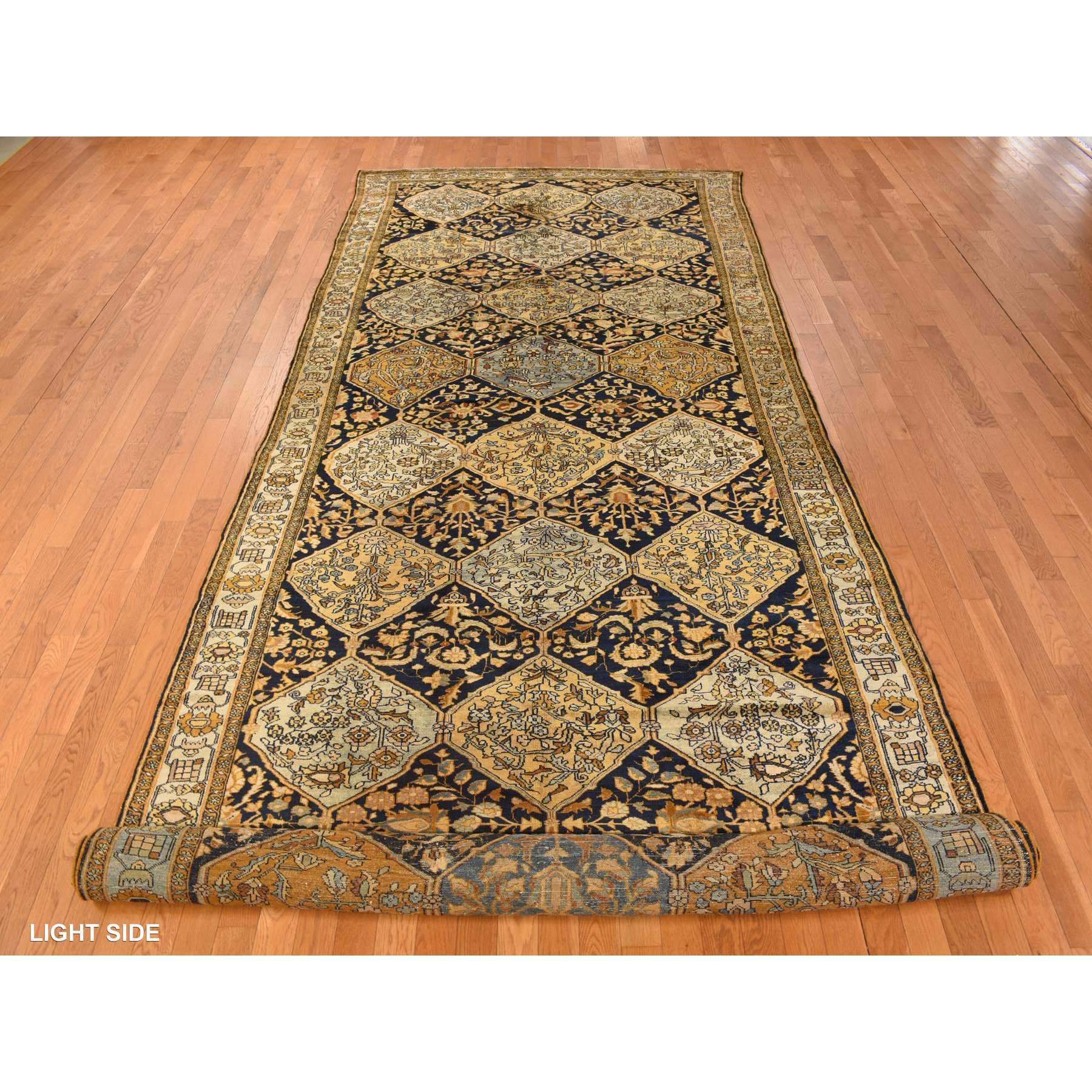 6'8"x19'3" Midnight Blue with Yellow, Antique Persian Bakhtiari in an Excellent Condition, Diamond Shape Garden Medallion Design, Hand Knotted, Pure Wool, Gallery Size Wide Runner, Oriental Rug Sh78322