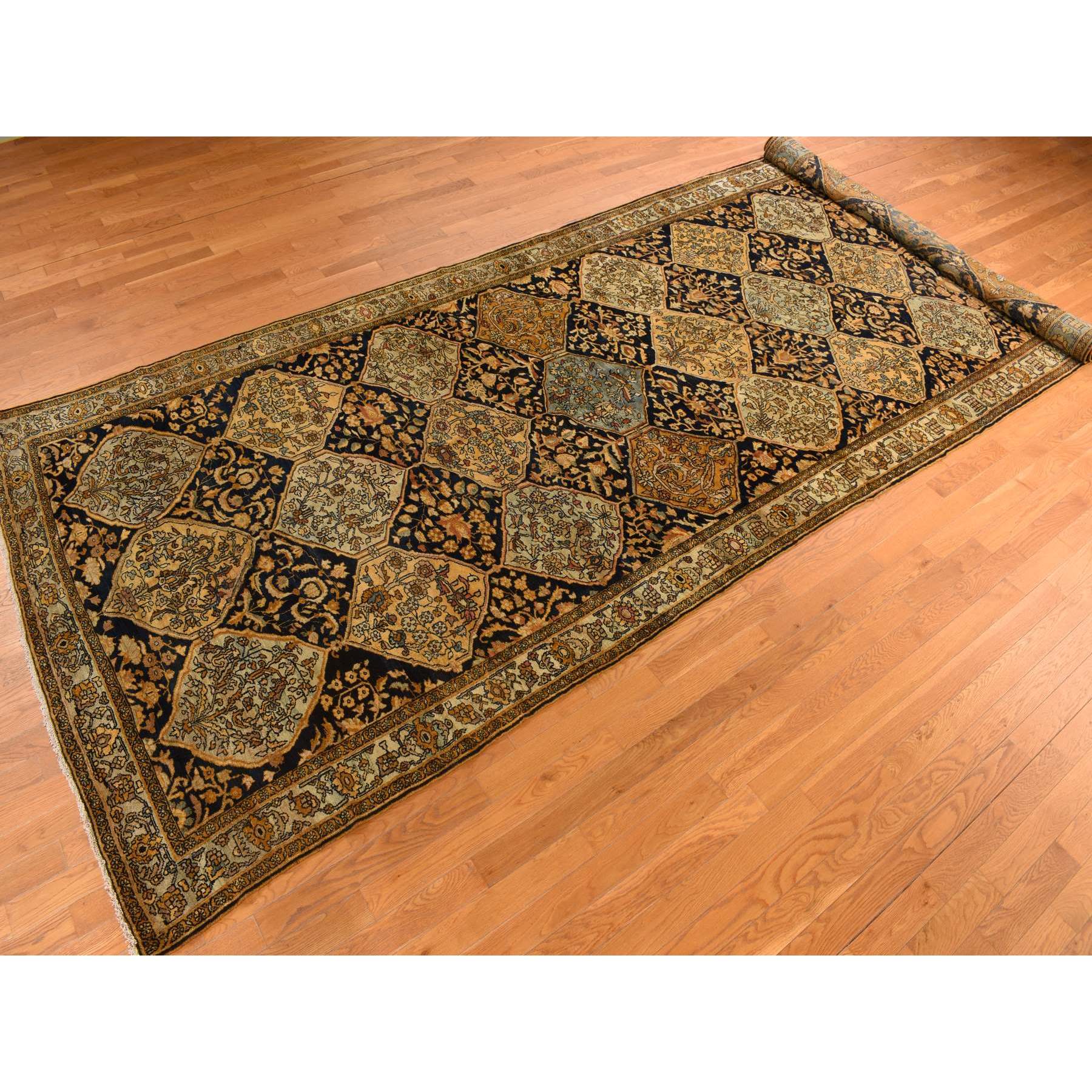6'8"x19'3" Midnight Blue with Yellow, Antique Persian Bakhtiari in an Excellent Condition, Diamond Shape Garden Medallion Design, Hand Knotted, Pure Wool, Gallery Size Wide Runner, Oriental Rug Sh78322