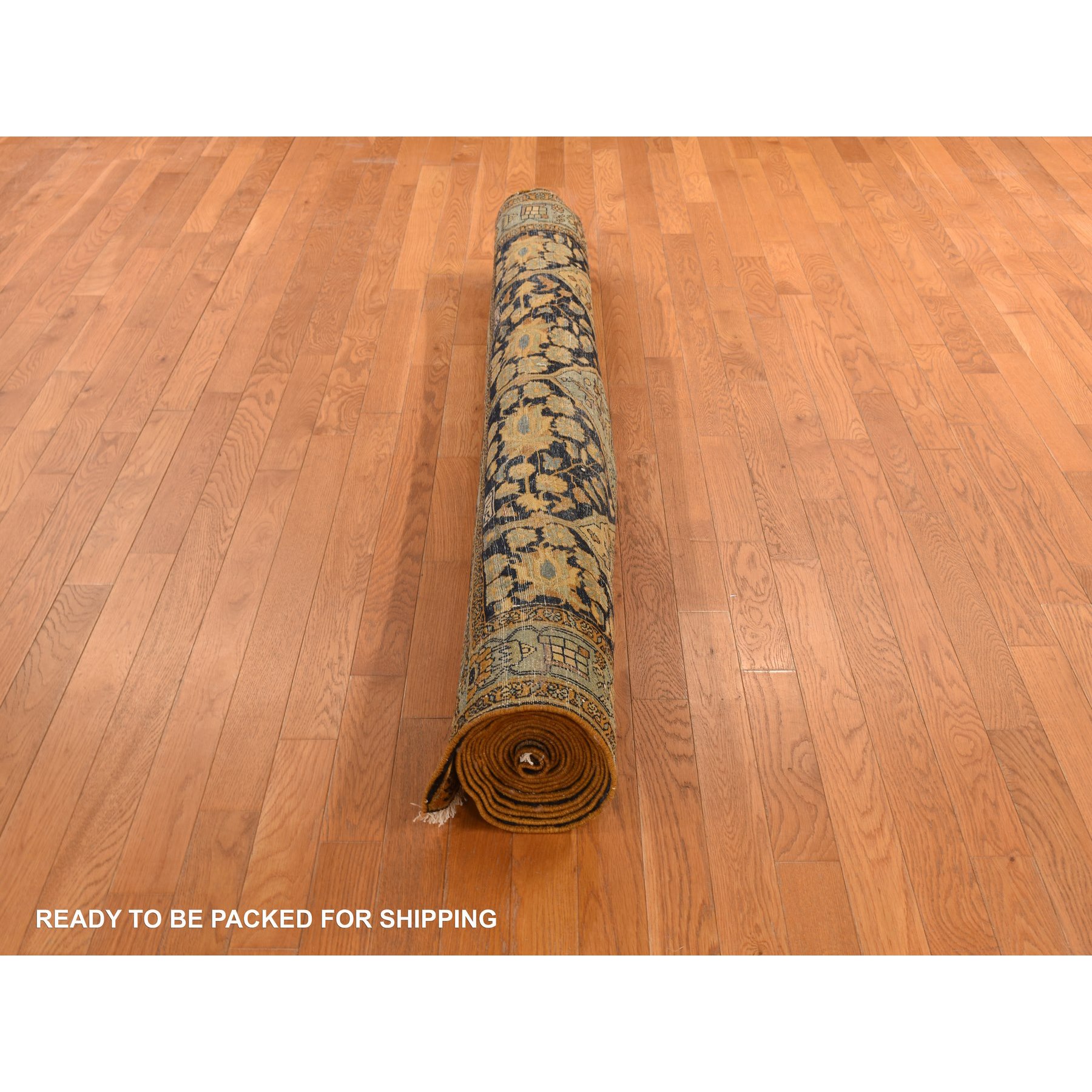 6'8"x19'3" Midnight Blue with Yellow, Antique Persian Bakhtiari in an Excellent Condition, Diamond Shape Garden Medallion Design, Hand Knotted, Pure Wool, Gallery Size Wide Runner, Oriental Rug Sh78322