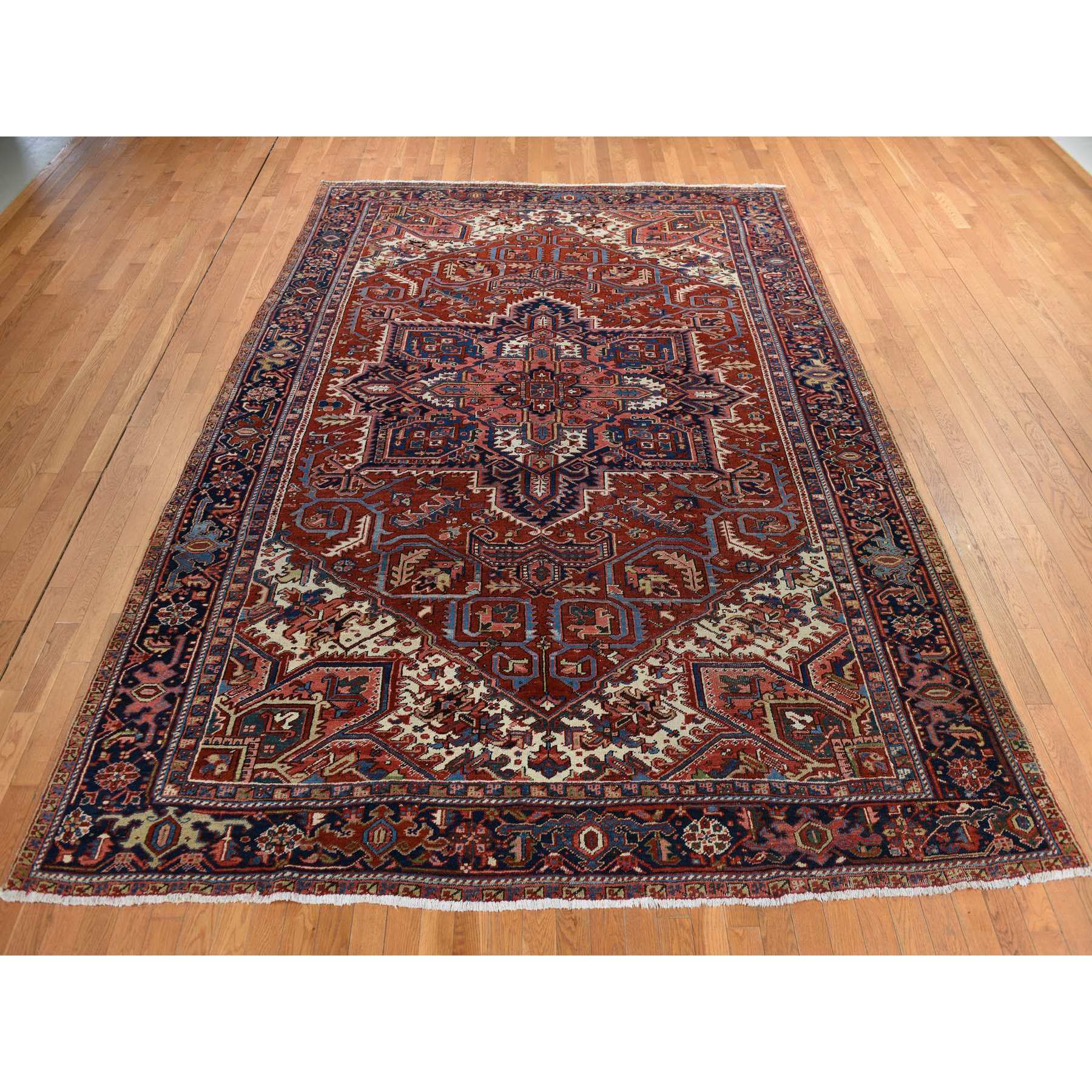 8'9"x12'3" Scarlet Red, Antique Persian Heriz, Clean, Excellent Condition, Light and Dark Side Highlights, Soft with Sides and Ends Secured, Full Pile, 100% Wool, Hand Knotted Oriental Rug Sh78324