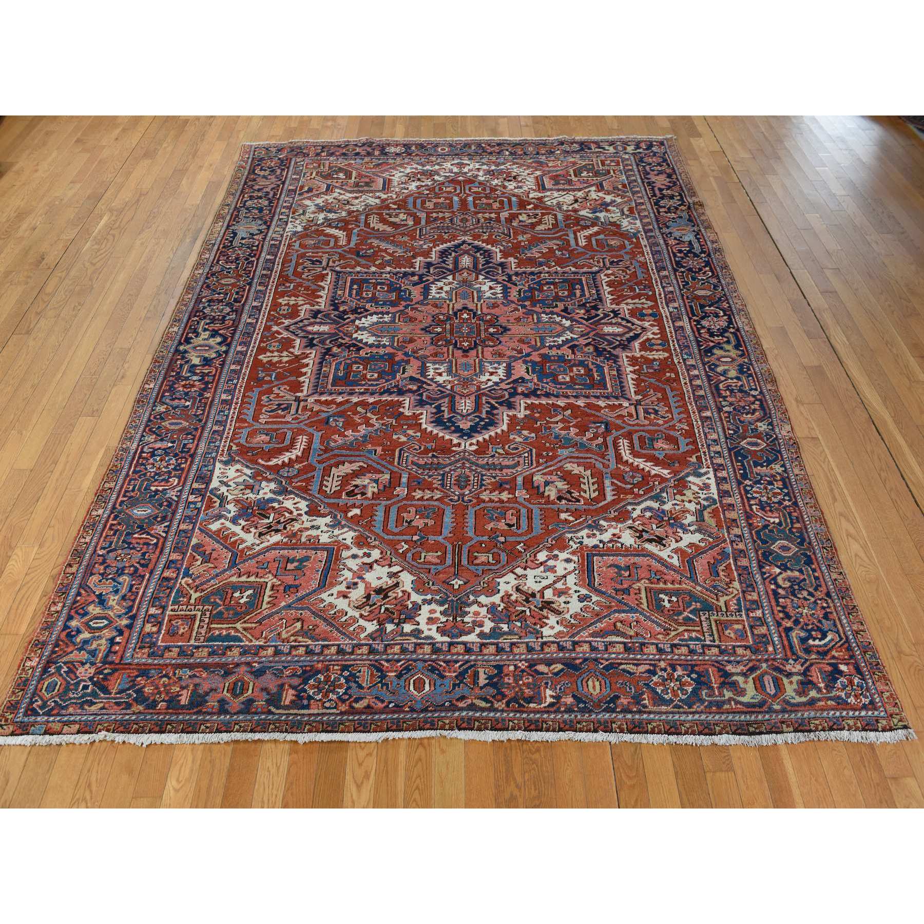 8'9"x12'3" Scarlet Red, Antique Persian Heriz, Clean, Excellent Condition, Light and Dark Side Highlights, Soft with Sides and Ends Secured, Full Pile, 100% Wool, Hand Knotted Oriental Rug Sh78324