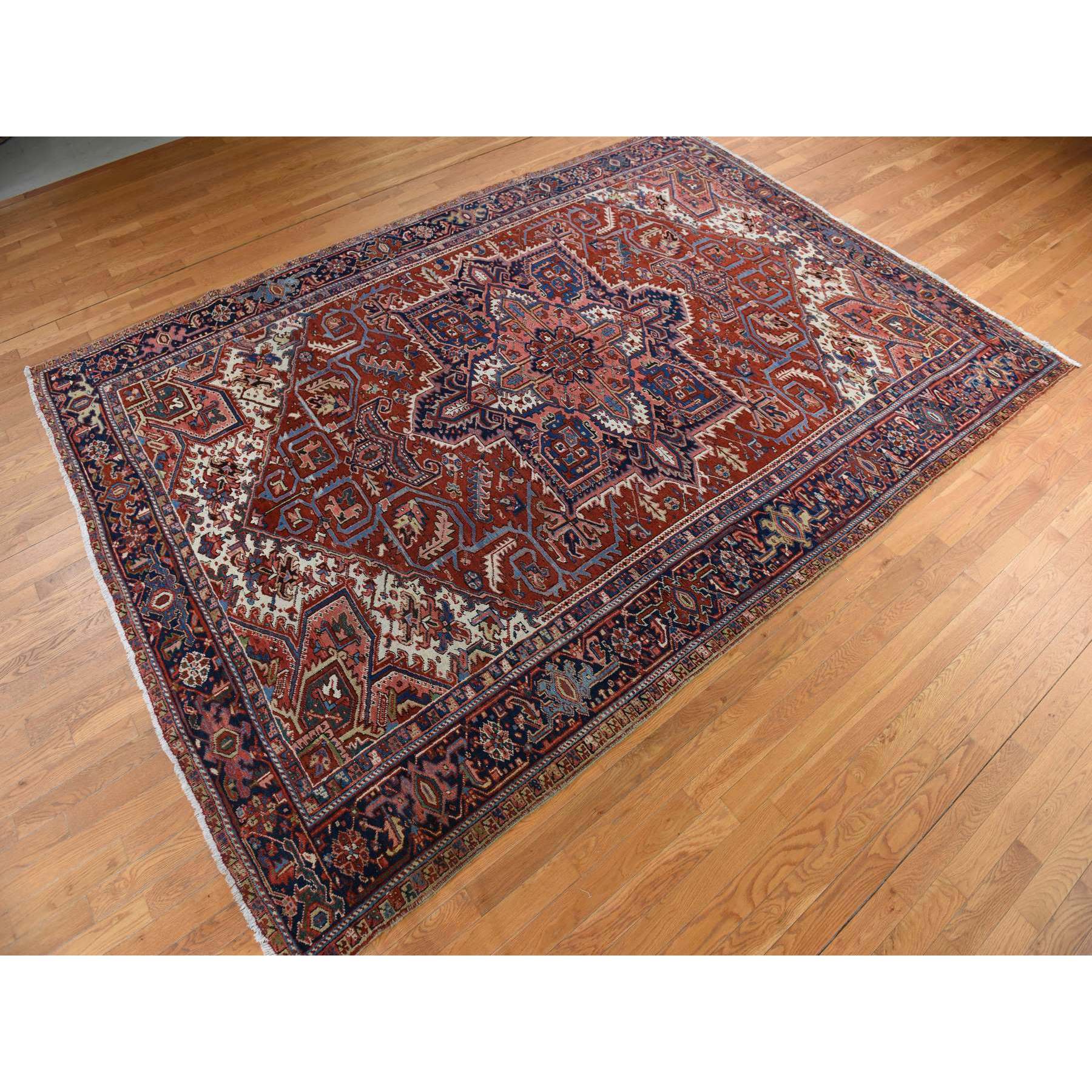 8'9"x12'3" Scarlet Red, Antique Persian Heriz, Clean, Excellent Condition, Light and Dark Side Highlights, Soft with Sides and Ends Secured, Full Pile, 100% Wool, Hand Knotted Oriental Rug Sh78324