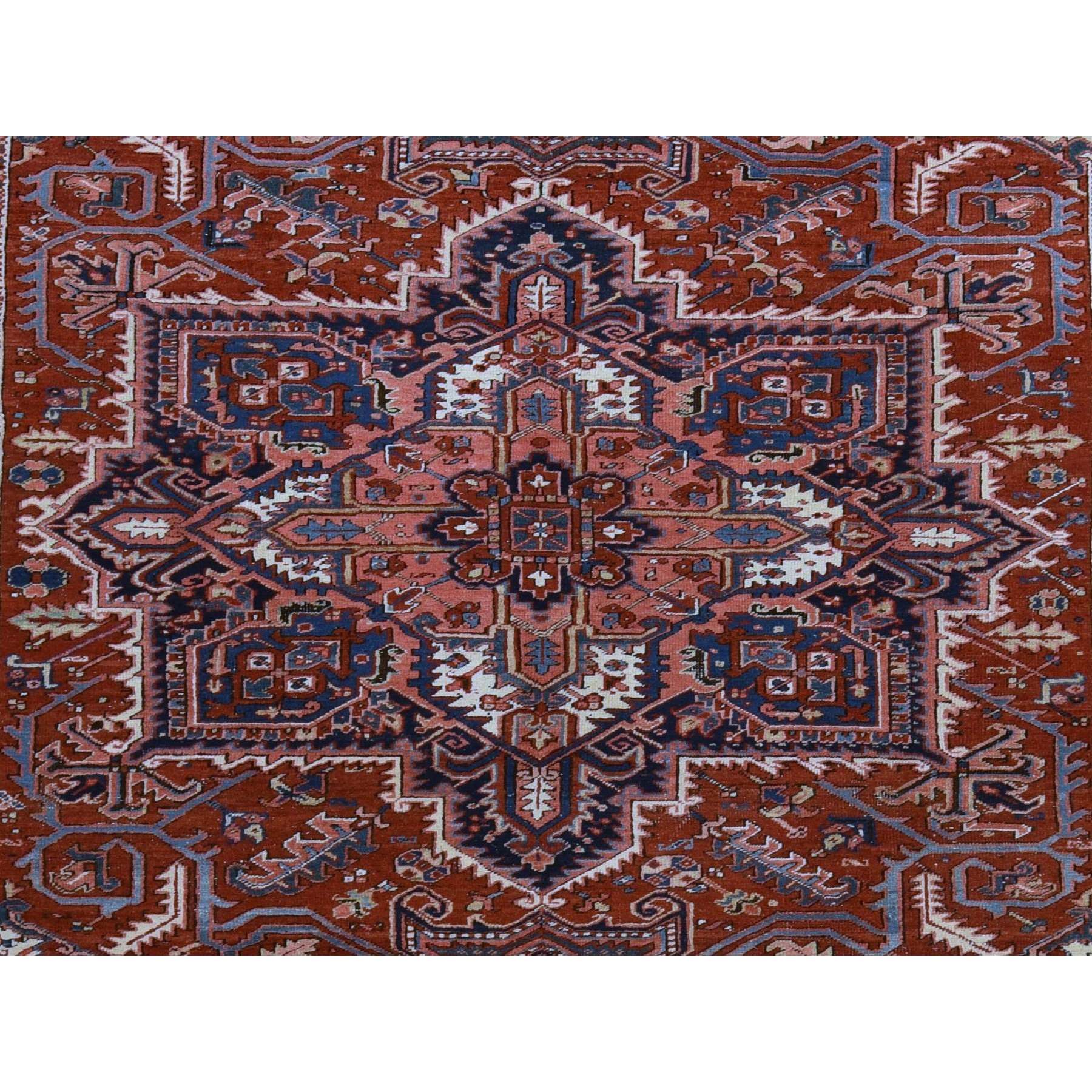 8'9"x12'3" Scarlet Red, Antique Persian Heriz, Clean, Excellent Condition, Light and Dark Side Highlights, Soft with Sides and Ends Secured, Full Pile, 100% Wool, Hand Knotted Oriental Rug Sh78324