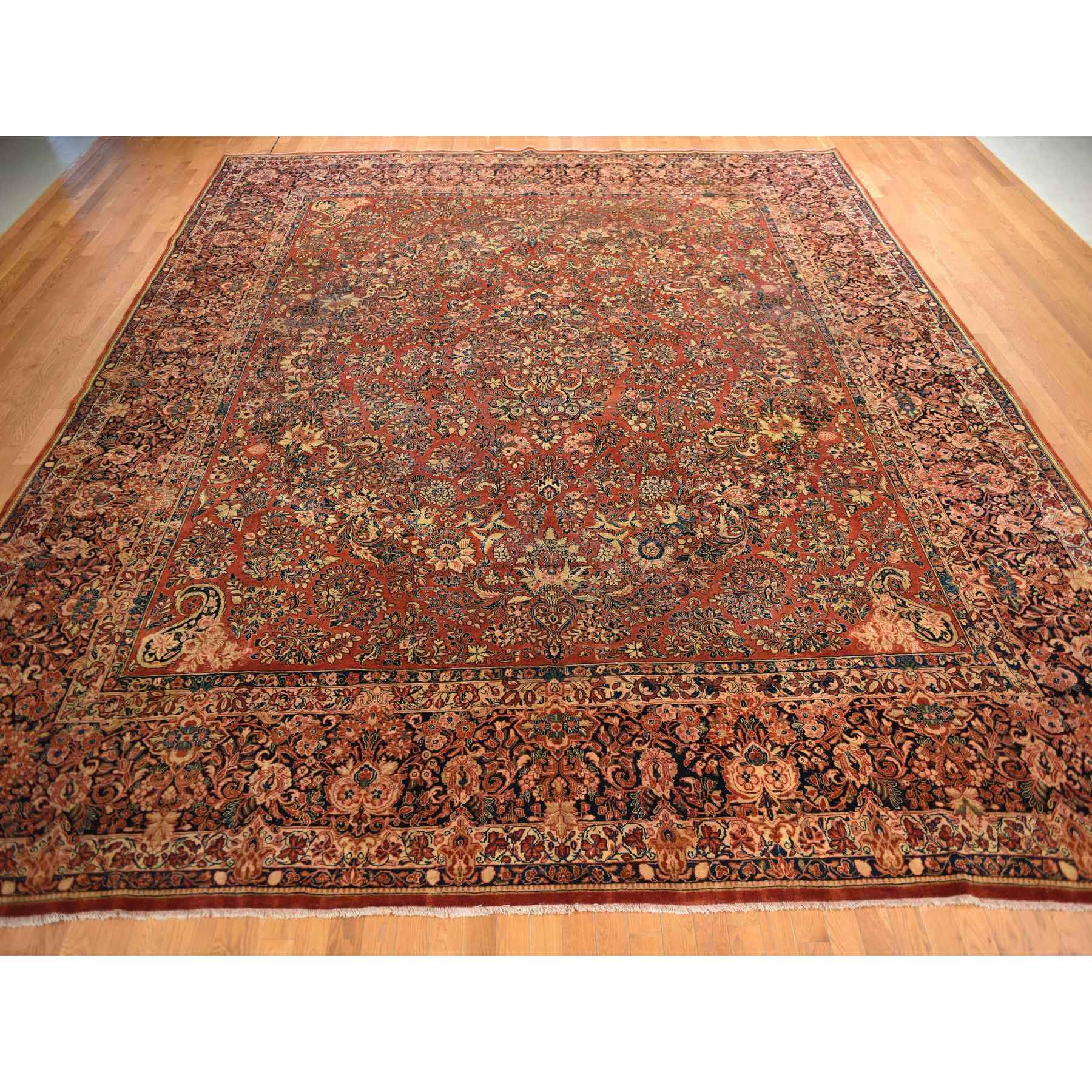 13'8"x15'10" Cinnamon Red, Antique Persian Sarouk, XL Squarish Size, Clean, Excellent Condition, Light and Dark Side Highlights, Soft with Sides and Ends Secured, 100% Wool, Hand Knotted Oriental Rug Sh78326