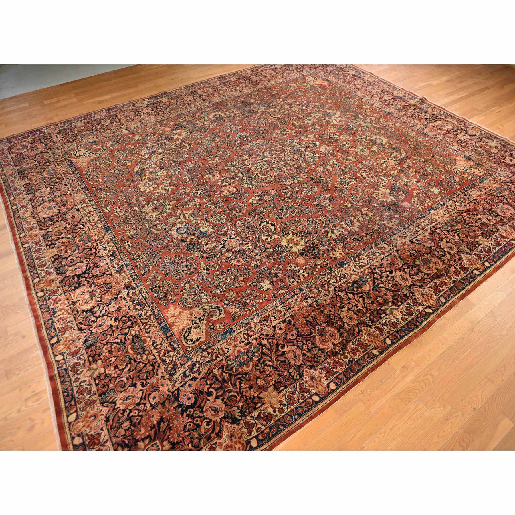 13'8"x15'10" Cinnamon Red, Antique Persian Sarouk, XL Squarish Size, Clean, Excellent Condition, Light and Dark Side Highlights, Soft with Sides and Ends Secured, 100% Wool, Hand Knotted Oriental Rug Sh78326