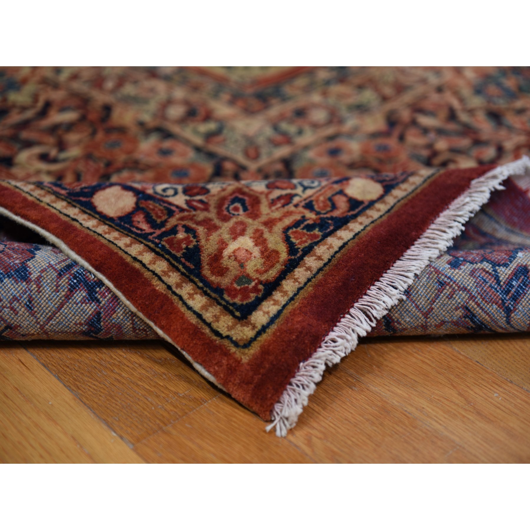 13'8"x15'10" Cinnamon Red, Antique Persian Sarouk, XL Squarish Size, Clean, Excellent Condition, Light and Dark Side Highlights, Soft with Sides and Ends Secured, 100% Wool, Hand Knotted Oriental Rug Sh78326