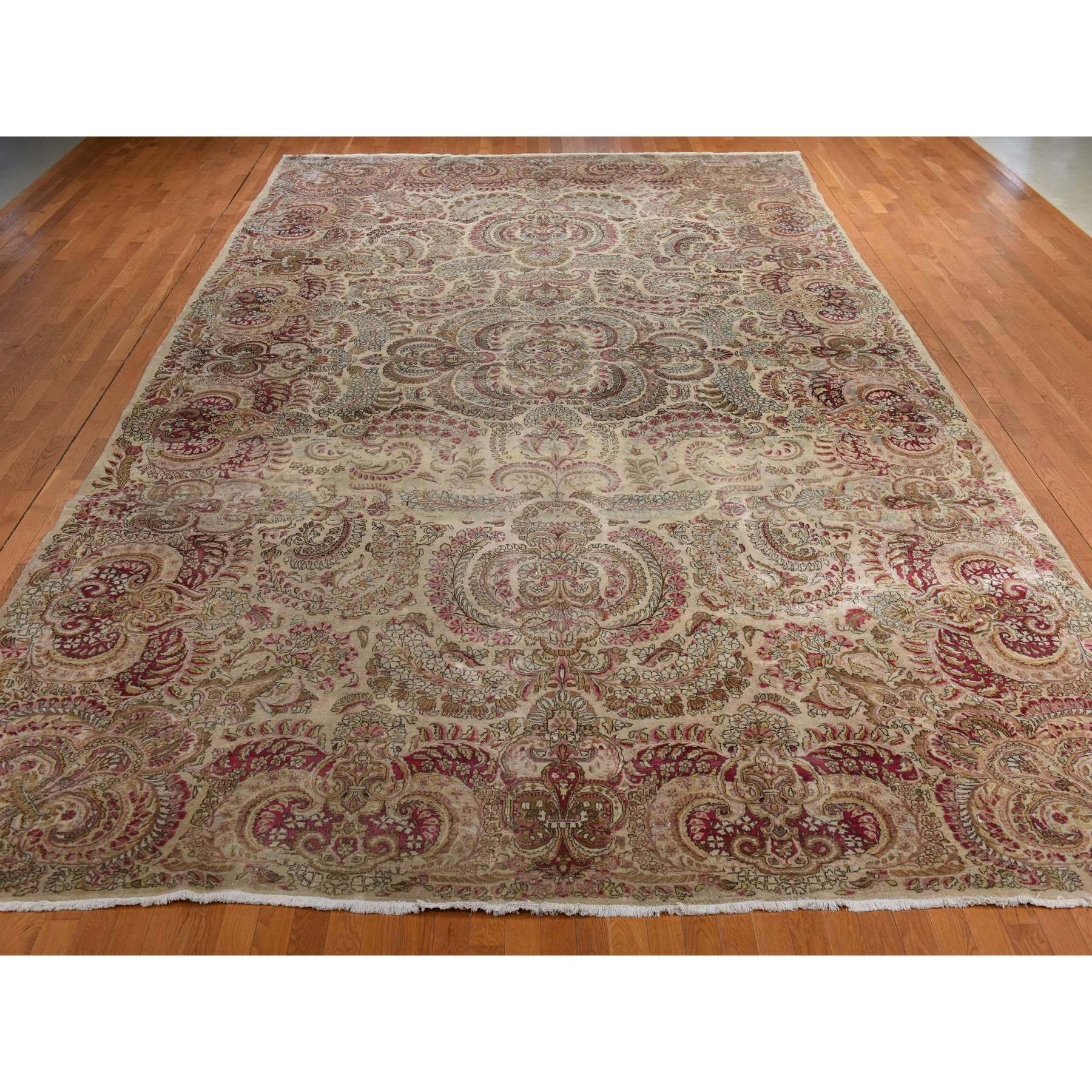 11'7"x19'3" Bone White, Antique Persian Kerman, Clean, Some Wear, Sides and Ends Secured, 100% Wool, Hand Knotted, Oversized, Oriental Rug Sh78329