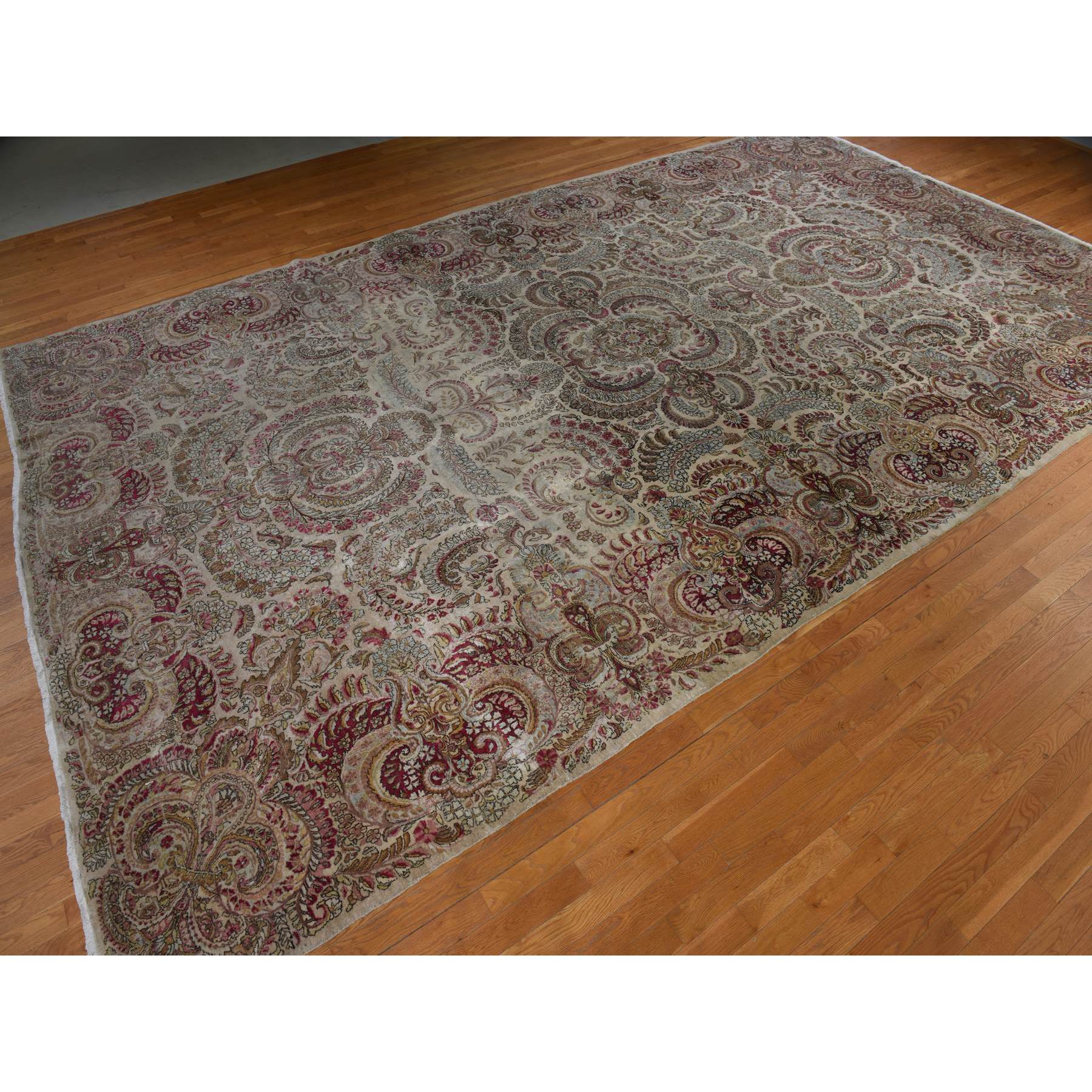 11'7"x19'3" Bone White, Antique Persian Kerman, Clean, Some Wear, Sides and Ends Secured, 100% Wool, Hand Knotted, Oversized, Oriental Rug Sh78329