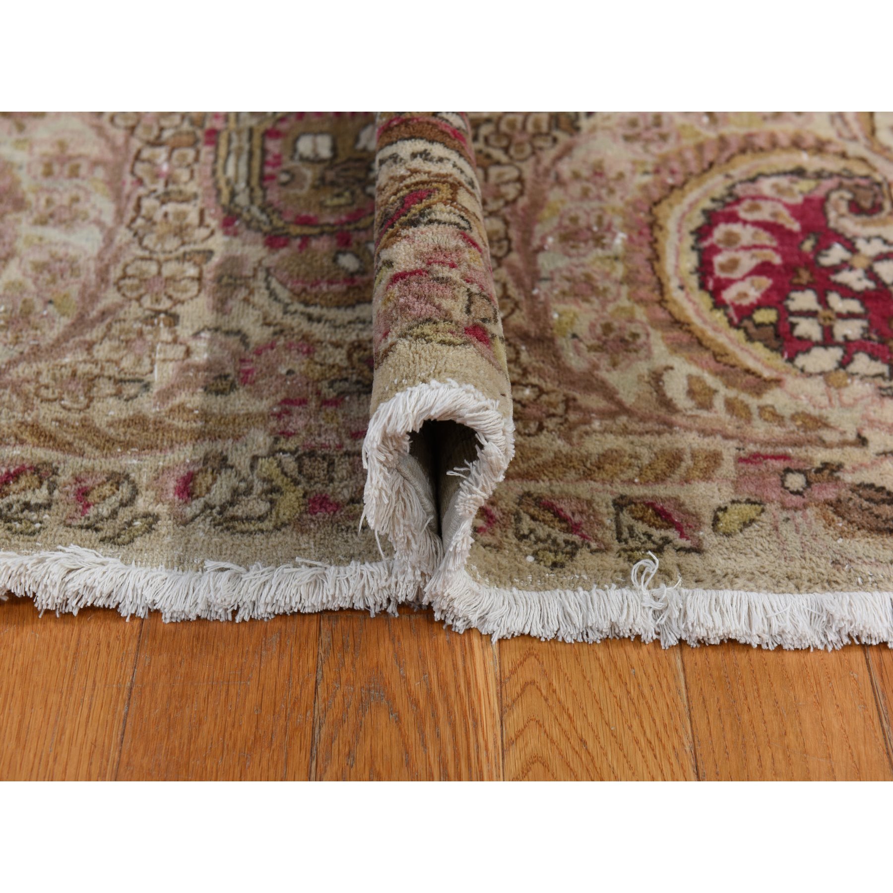 11'7"x19'3" Bone White, Antique Persian Kerman, Clean, Some Wear, Sides and Ends Secured, 100% Wool, Hand Knotted, Oversized, Oriental Rug Sh78329