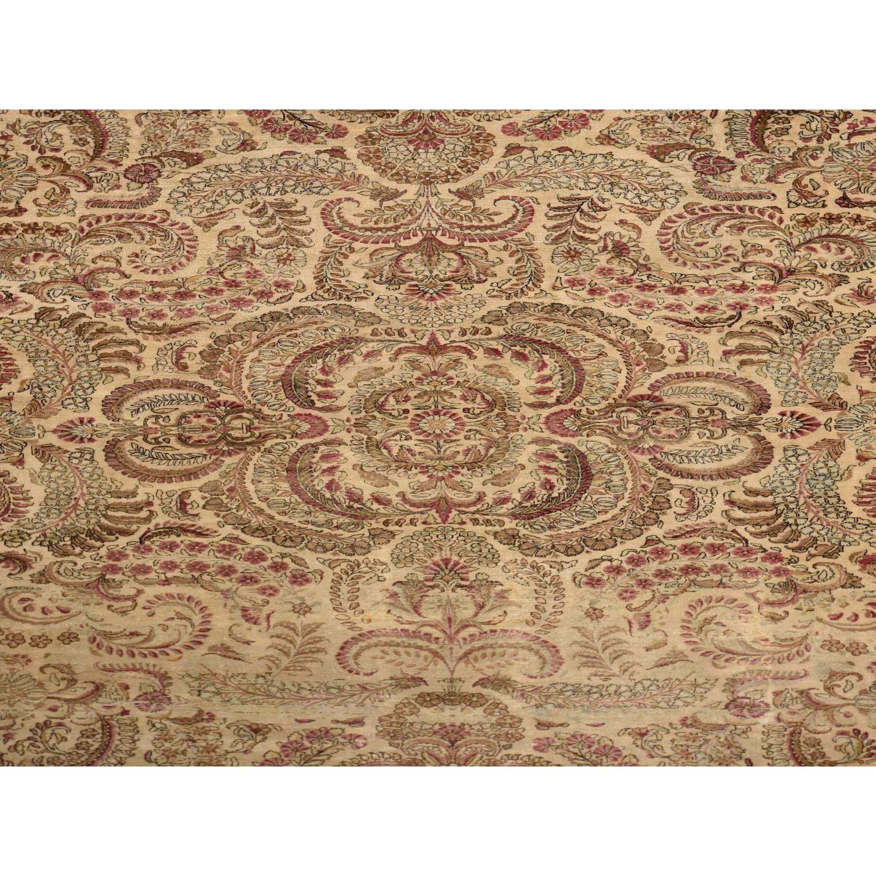 11'7"x19'3" Bone White, Antique Persian Kerman, Clean, Some Wear, Sides and Ends Secured, 100% Wool, Hand Knotted, Oversized, Oriental Rug Sh78329