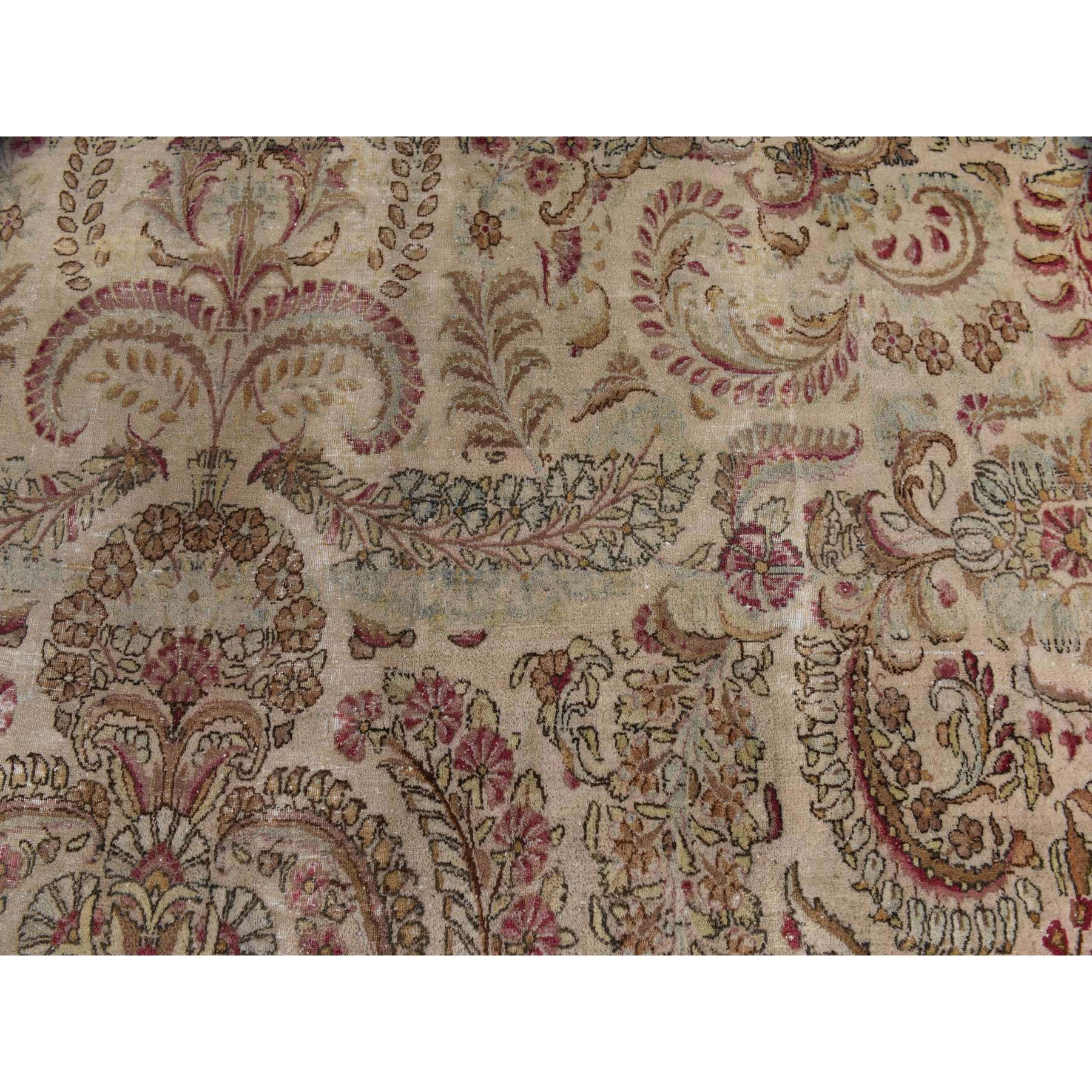 11'7"x19'3" Bone White, Antique Persian Kerman, Clean, Some Wear, Sides and Ends Secured, 100% Wool, Hand Knotted, Oversized, Oriental Rug Sh78329