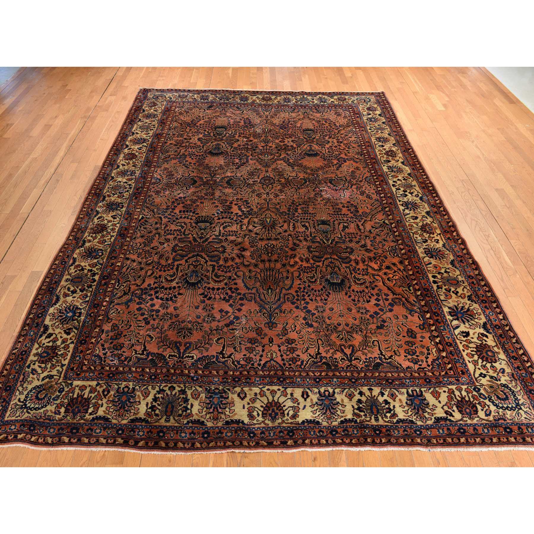 9'10"x13'7" Coral Salmon, Antique Persian Mohajeren Sarouk, Clean and Soft, Good Restorations, Sides and Ends Secured, 100% Wool, Hand Knotted Oriental Rug Sh78330