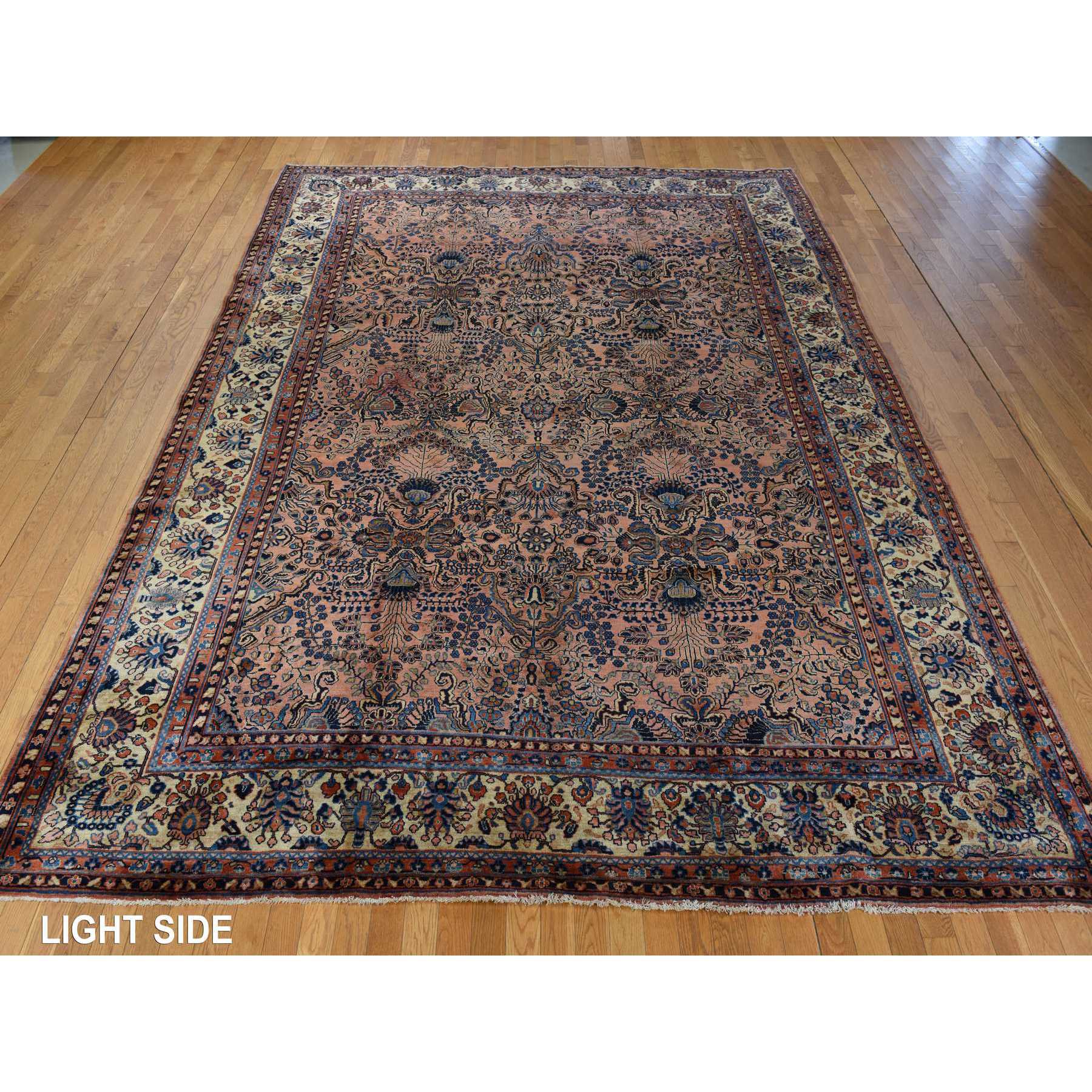 9'10"x13'7" Coral Salmon, Antique Persian Mohajeren Sarouk, Clean and Soft, Good Restorations, Sides and Ends Secured, 100% Wool, Hand Knotted Oriental Rug Sh78330