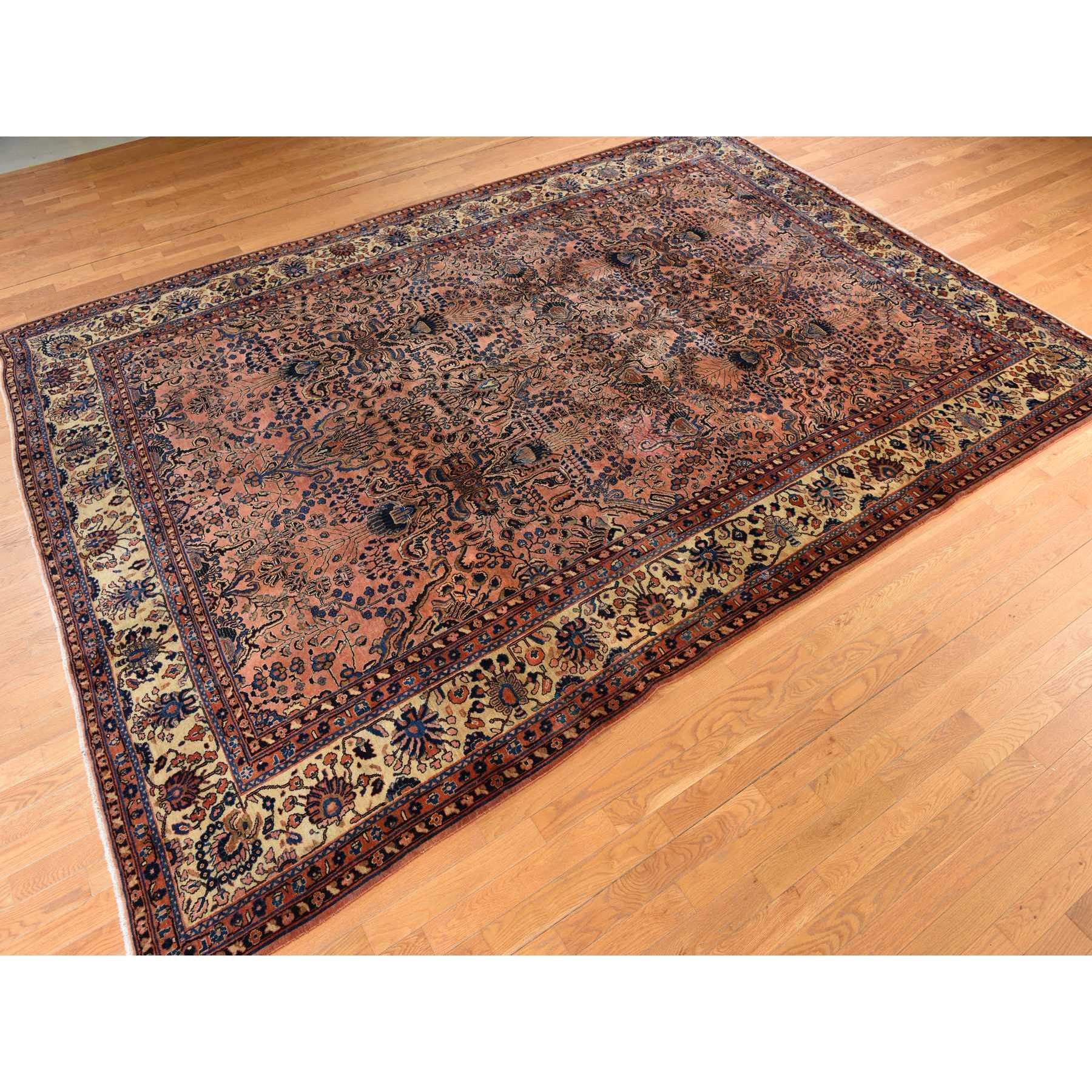 9'10"x13'7" Coral Salmon, Antique Persian Mohajeren Sarouk, Clean and Soft, Good Restorations, Sides and Ends Secured, 100% Wool, Hand Knotted Oriental Rug Sh78330