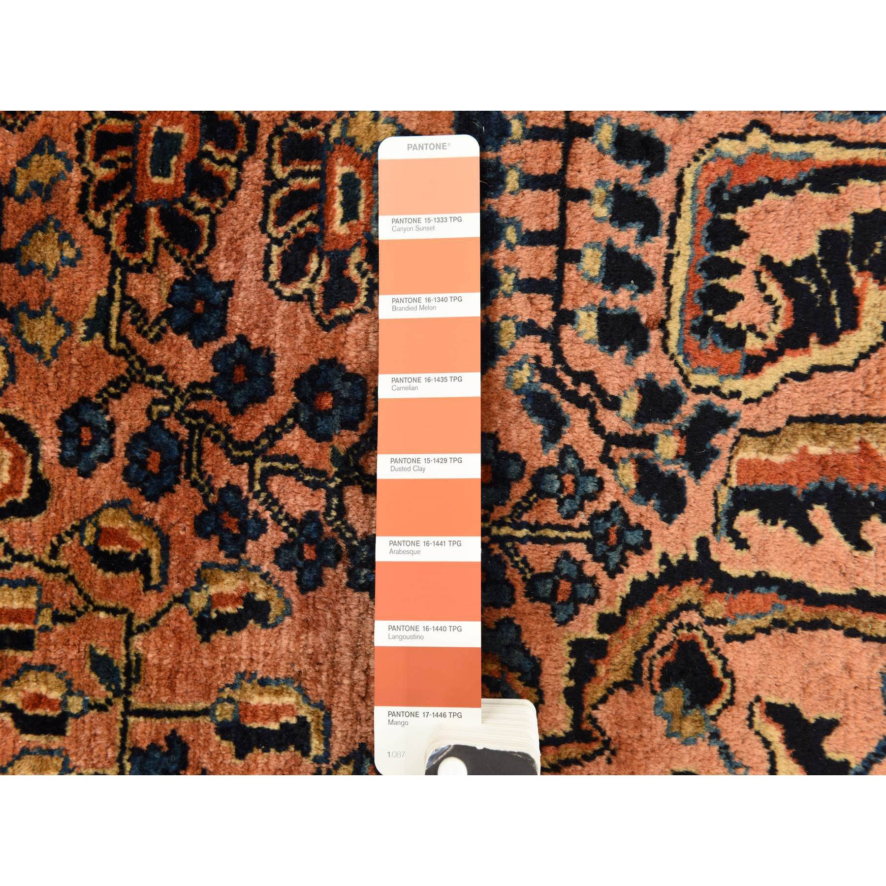 9'10"x13'7" Coral Salmon, Antique Persian Mohajeren Sarouk, Clean and Soft, Good Restorations, Sides and Ends Secured, 100% Wool, Hand Knotted Oriental Rug Sh78330