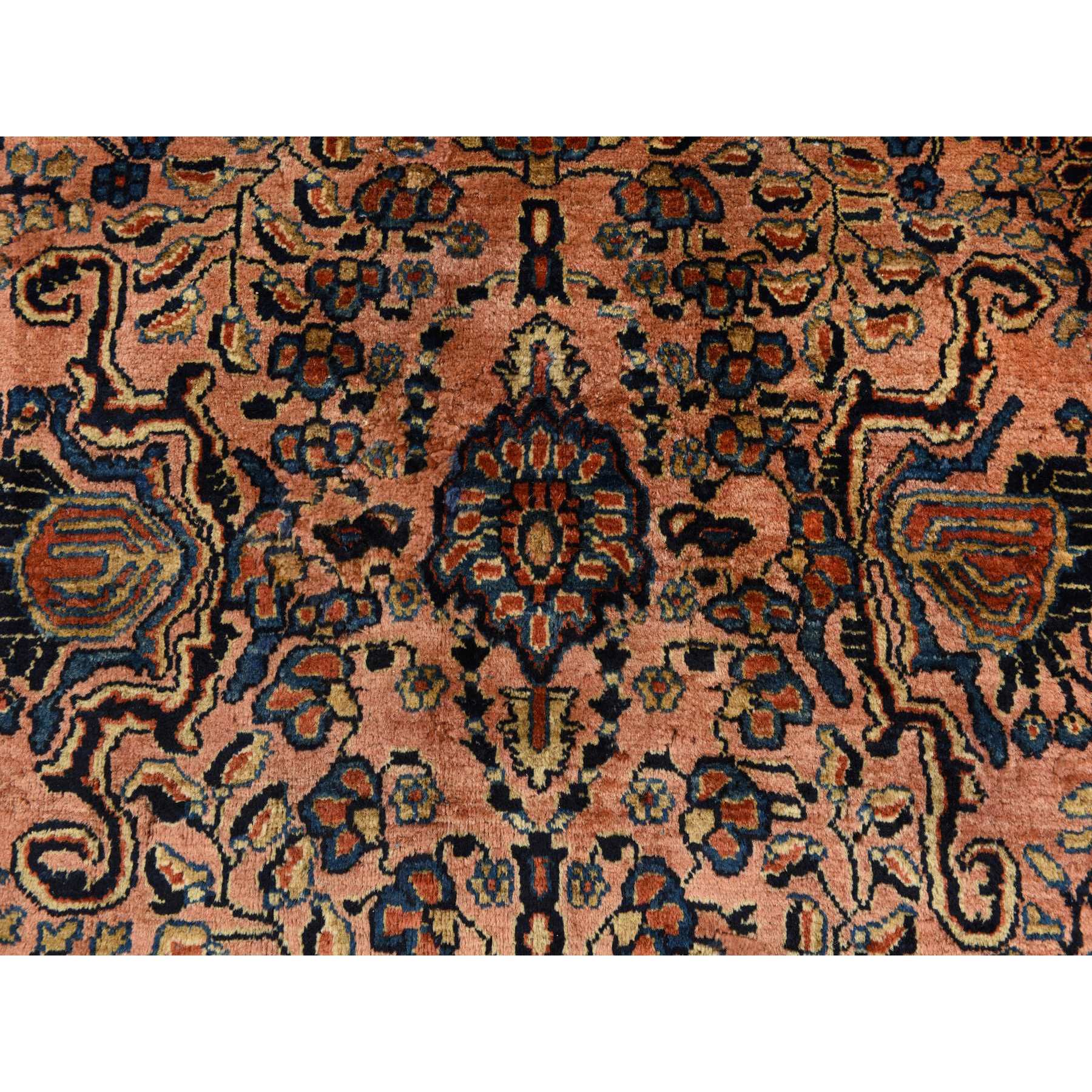 9'10"x13'7" Coral Salmon, Antique Persian Mohajeren Sarouk, Clean and Soft, Good Restorations, Sides and Ends Secured, 100% Wool, Hand Knotted Oriental Rug Sh78330