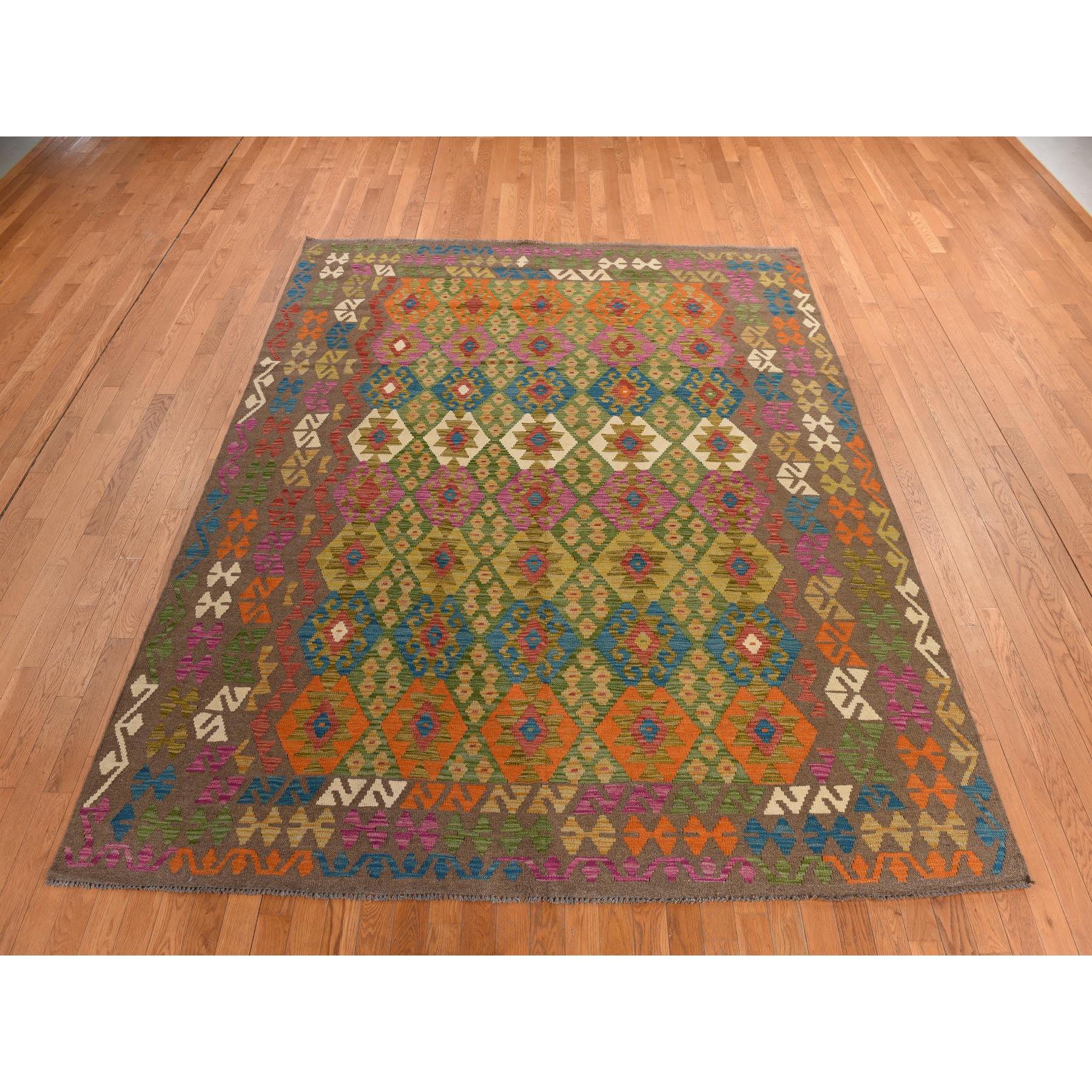 8'2"x9'6" Peanut Brown, Afghan Kilim with Colorful All Over Geometric Pattern, Pure Wool, Vegetable Dyes, Flat Weave, Hand Woven, Reversible, Oriental Rug Sh78343