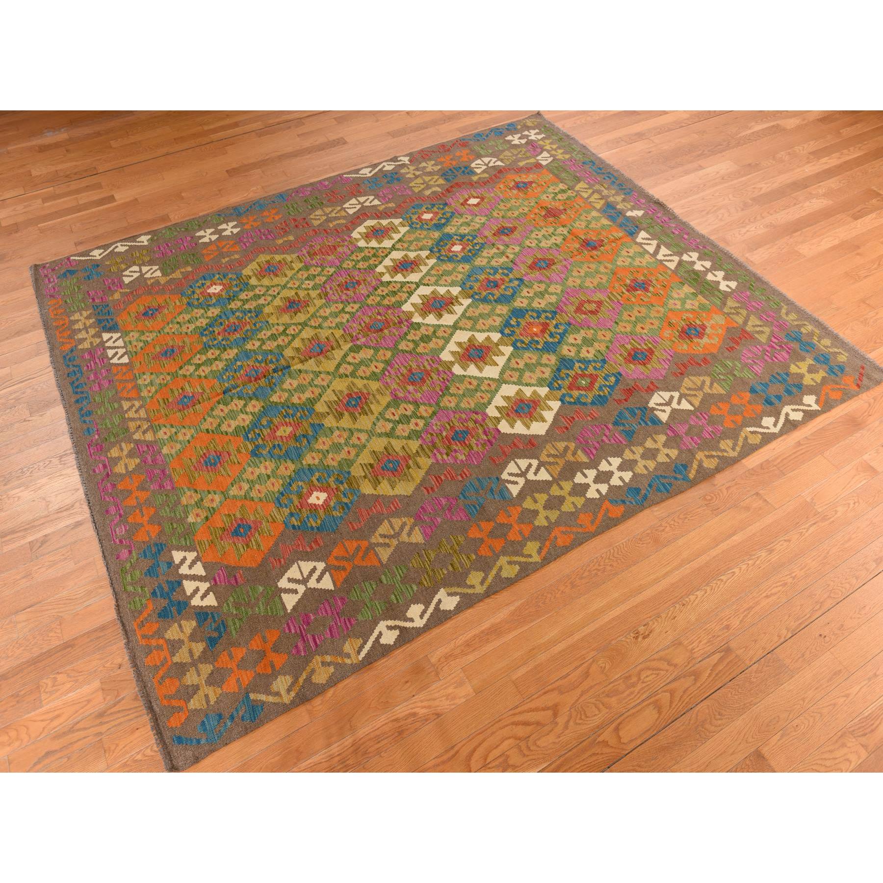 8'2"x9'6" Peanut Brown, Afghan Kilim with Colorful All Over Geometric Pattern, Pure Wool, Vegetable Dyes, Flat Weave, Hand Woven, Reversible, Oriental Rug Sh78343