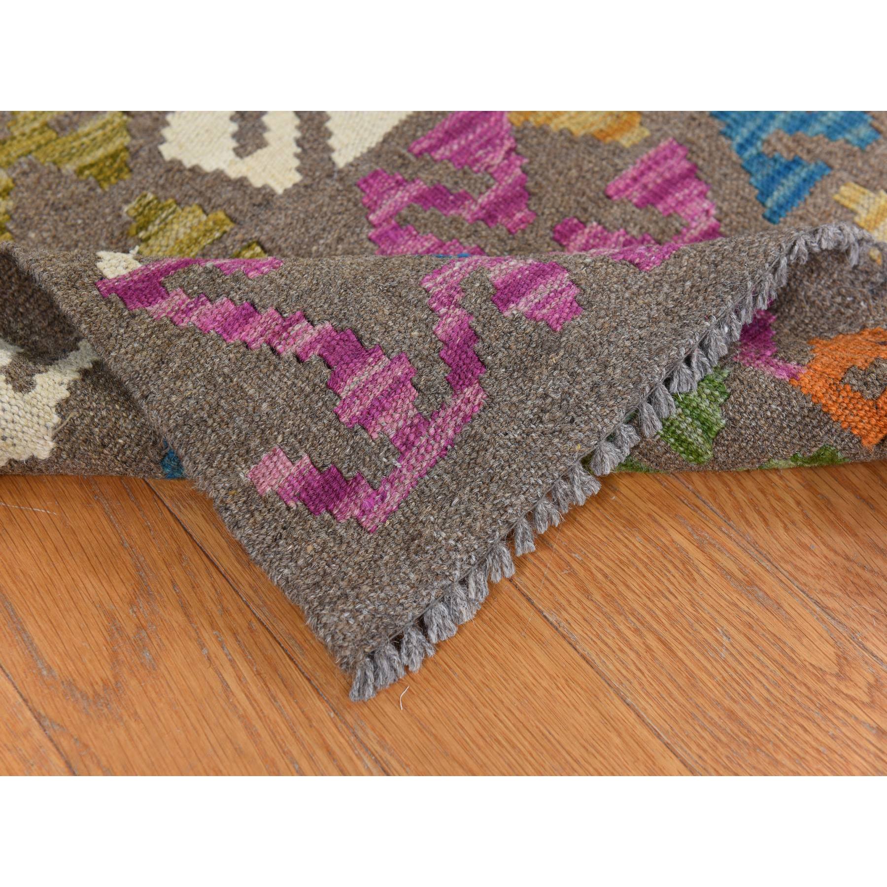 8'2"x9'6" Peanut Brown, Afghan Kilim with Colorful All Over Geometric Pattern, Pure Wool, Vegetable Dyes, Flat Weave, Hand Woven, Reversible, Oriental Rug Sh78343
