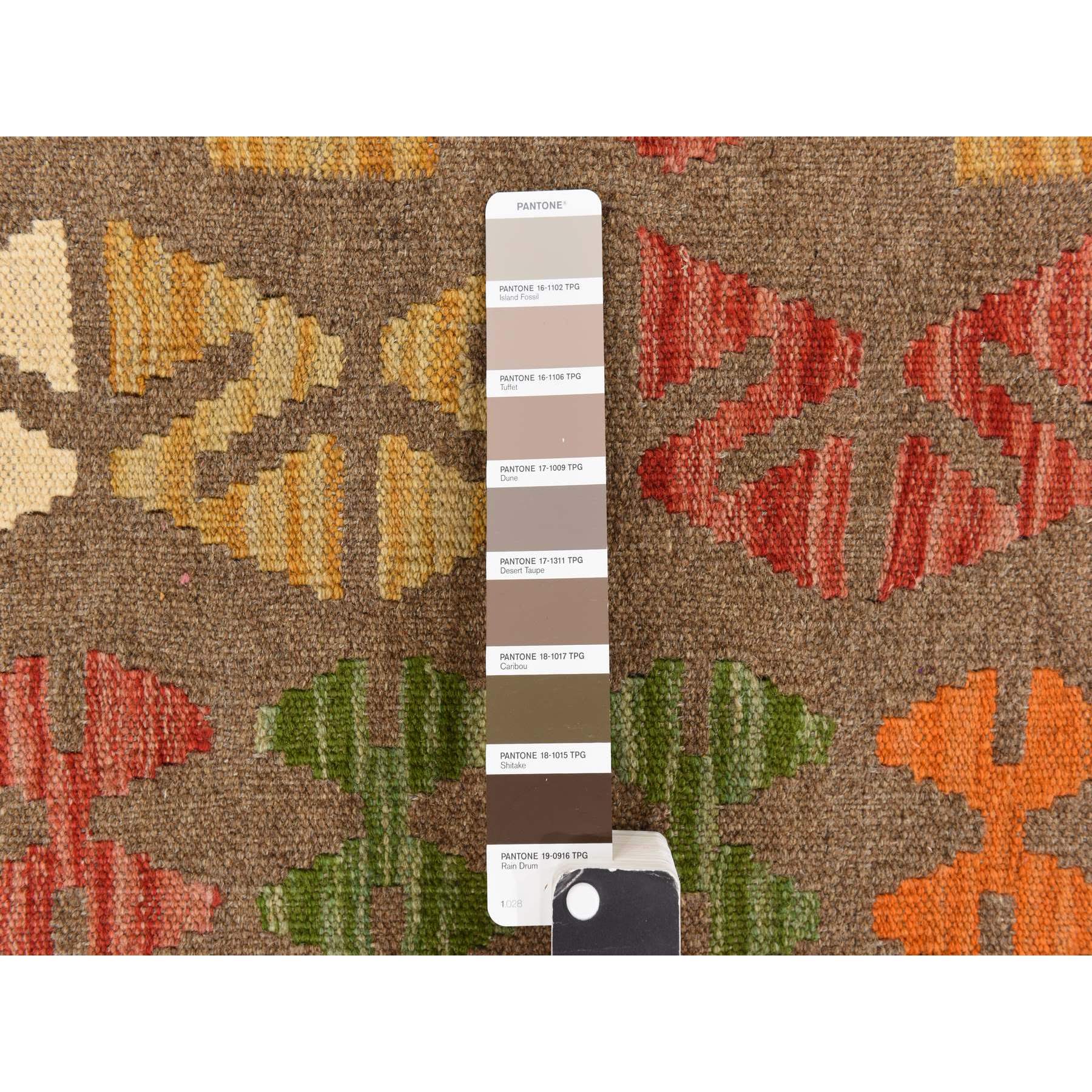 8'2"x9'6" Peanut Brown, Afghan Kilim with Colorful All Over Geometric Pattern, Pure Wool, Vegetable Dyes, Flat Weave, Hand Woven, Reversible, Oriental Rug Sh78343
