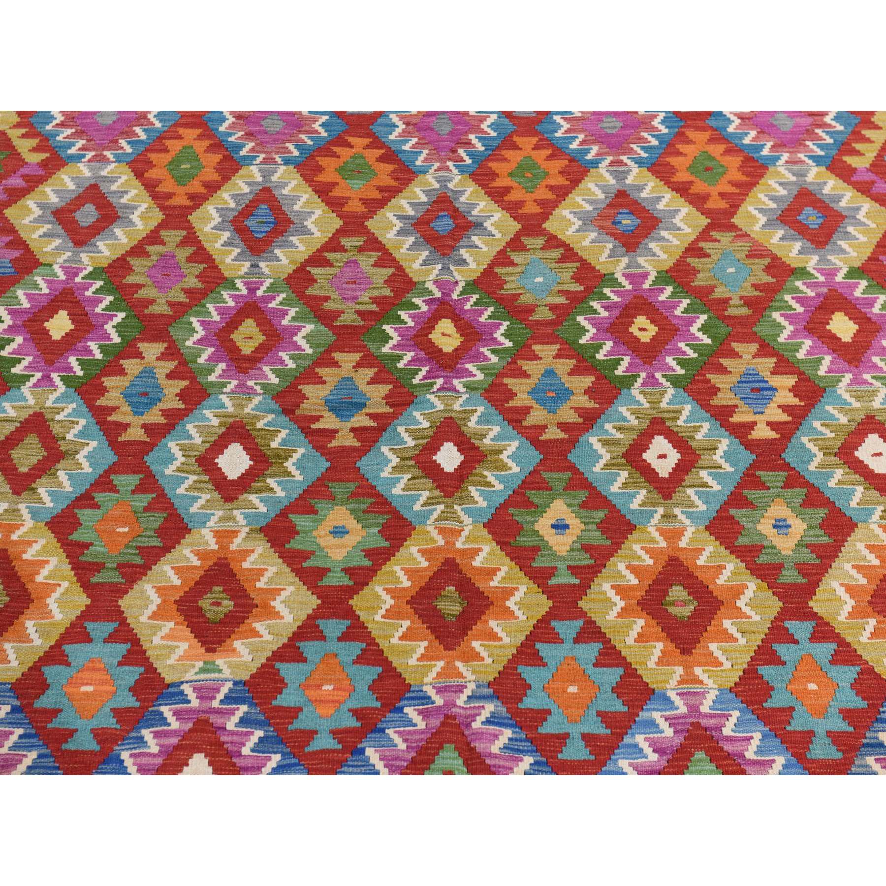 8'6"x11' Salsa Red, Organic Wool, Afghan Kilim with All Over Colorful Geometric Pattern, Natural Dyes, Flat Weave, Hand Woven, Reversible, Oriental Rug Sh78344