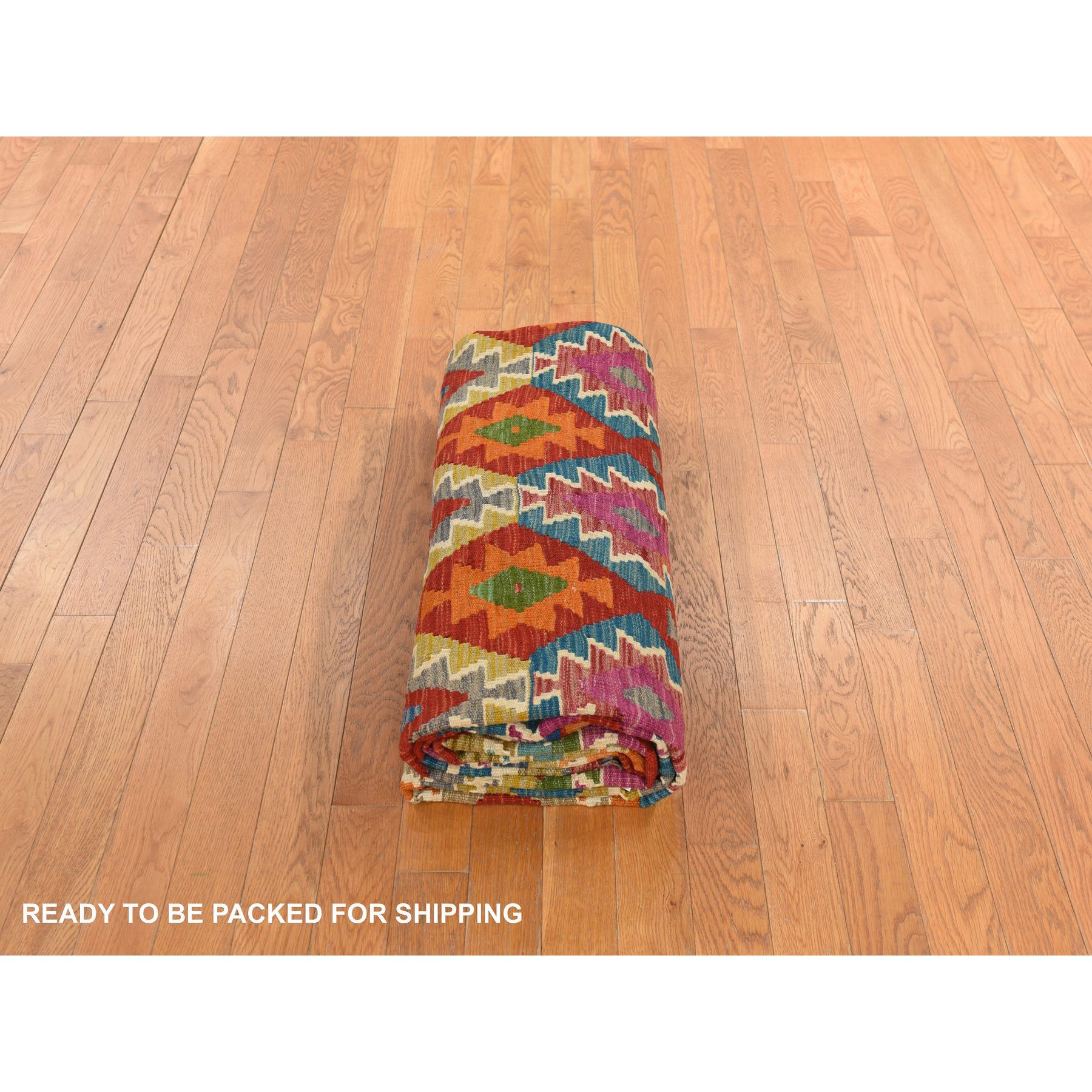 8'6"x11' Salsa Red, Organic Wool, Afghan Kilim with All Over Colorful Geometric Pattern, Natural Dyes, Flat Weave, Hand Woven, Reversible, Oriental Rug Sh78344