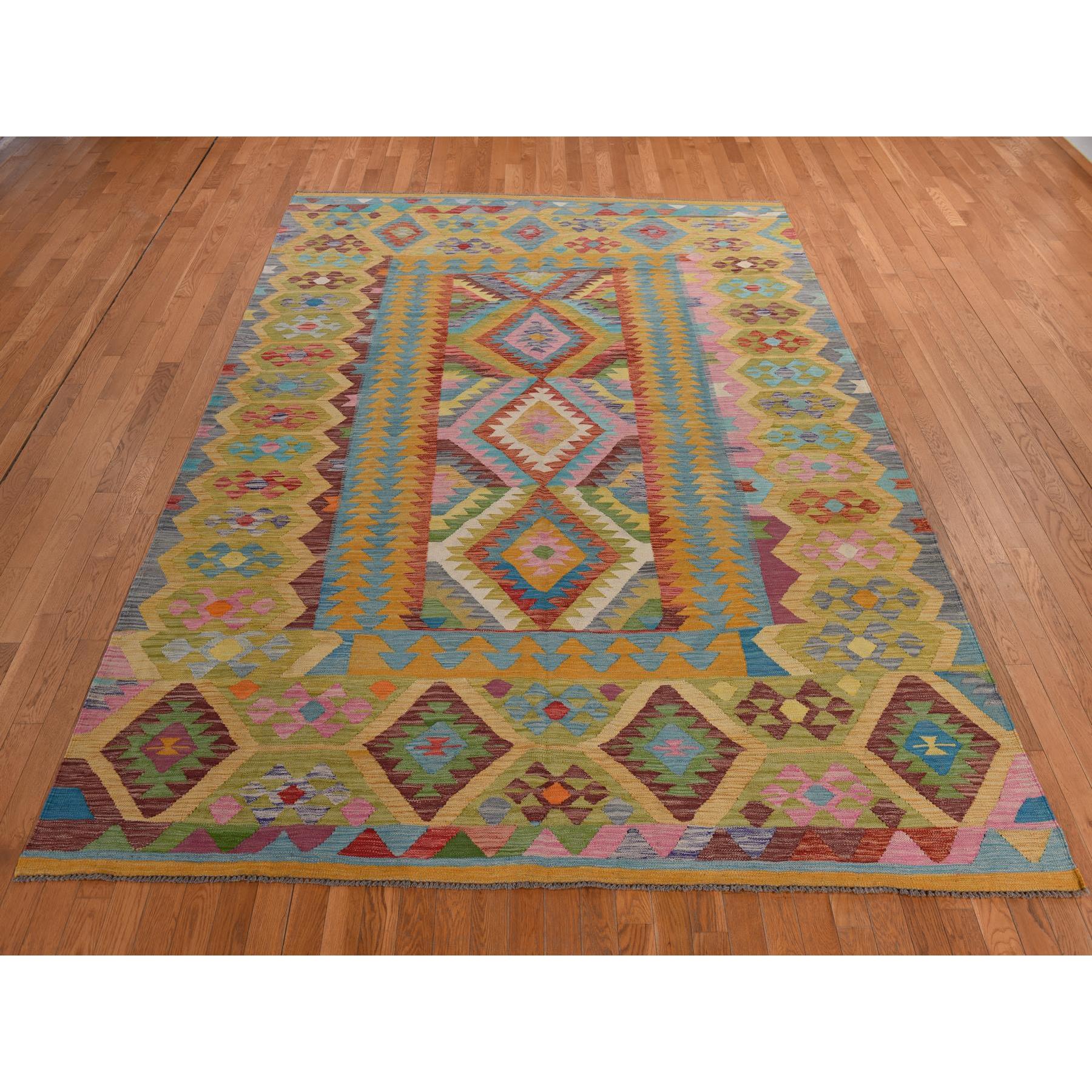 8'3"x11'2" Olive Green, Afghan Kilim with All Over Colorful Geometric Pattern, Pure Wool, Vegetable Dyes, Flat Weave, Hand Woven, Reversible, Oriental Rug Sh78345