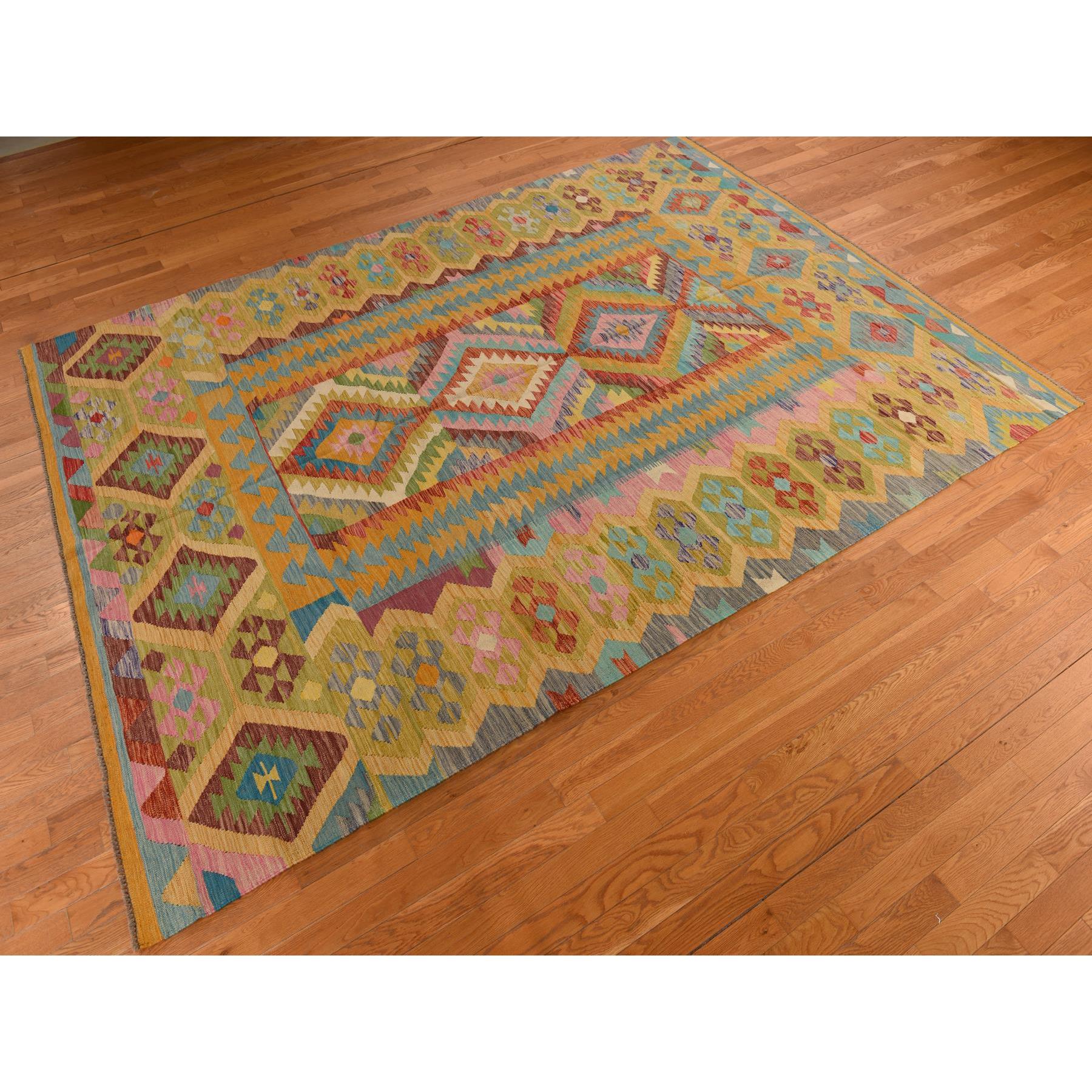8'3"x11'2" Olive Green, Afghan Kilim with All Over Colorful Geometric Pattern, Pure Wool, Vegetable Dyes, Flat Weave, Hand Woven, Reversible, Oriental Rug Sh78345