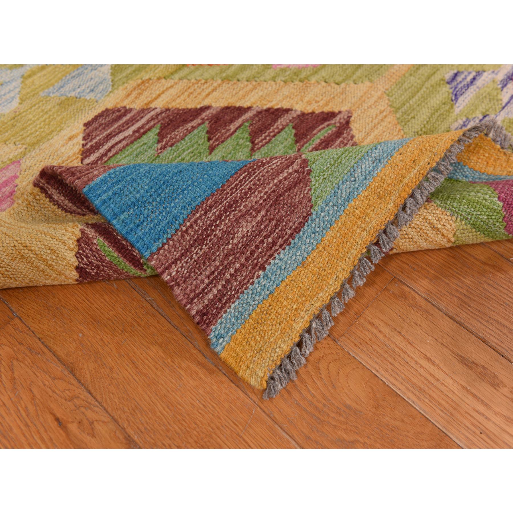 8'3"x11'2" Olive Green, Afghan Kilim with All Over Colorful Geometric Pattern, Pure Wool, Vegetable Dyes, Flat Weave, Hand Woven, Reversible, Oriental Rug Sh78345