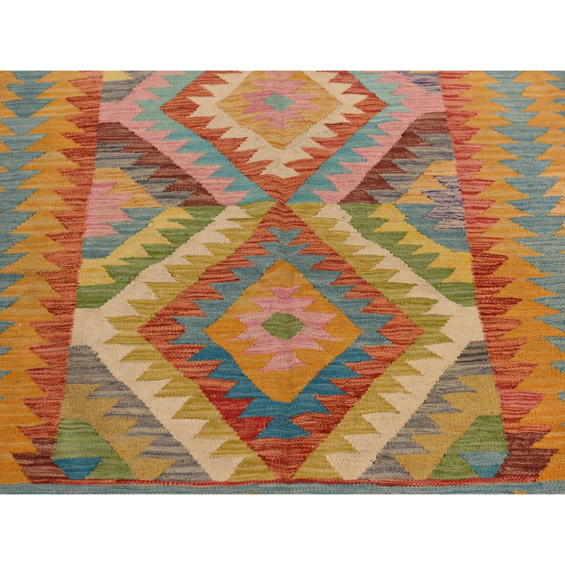 8'3"x11'2" Olive Green, Afghan Kilim with All Over Colorful Geometric Pattern, Pure Wool, Vegetable Dyes, Flat Weave, Hand Woven, Reversible, Oriental Rug Sh78345
