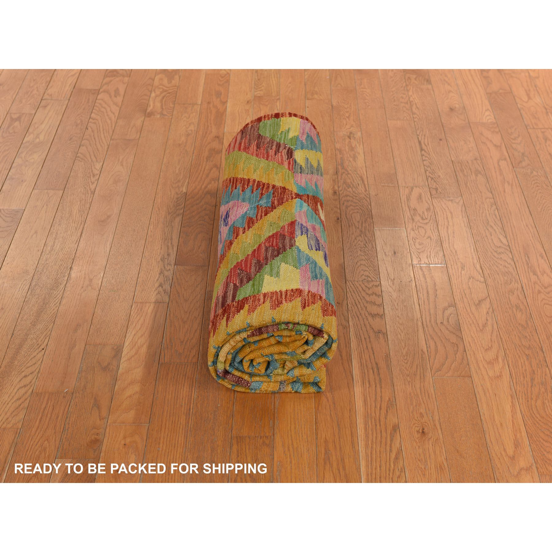 8'3"x11'2" Olive Green, Afghan Kilim with All Over Colorful Geometric Pattern, Pure Wool, Vegetable Dyes, Flat Weave, Hand Woven, Reversible, Oriental Rug Sh78345