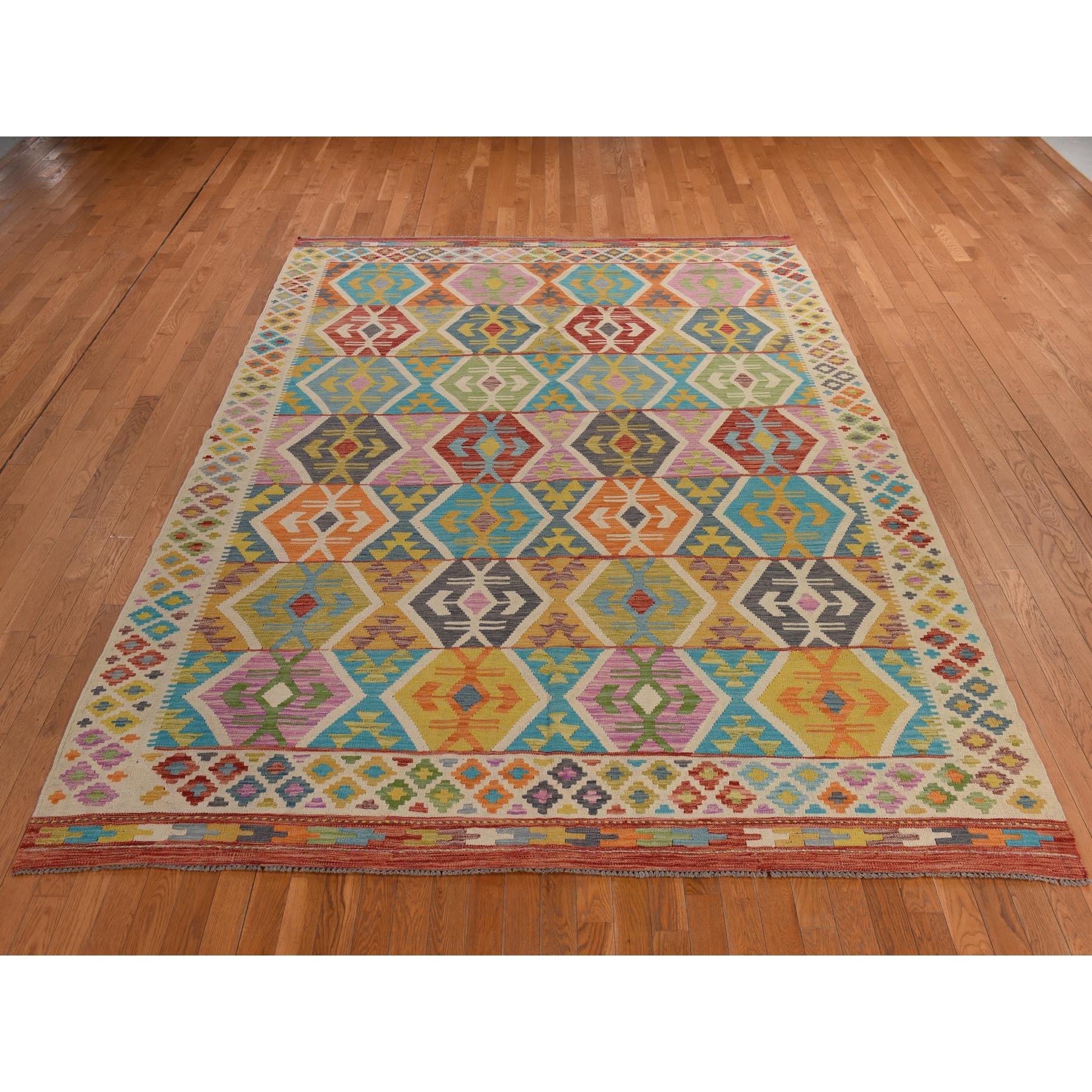 8'4"x10'10" Bone White, Afghan Kilim with All Over Colorful Geometric Pattern, 100% Wool, Natural Dyes, Flat Weave, Hand Woven, Reversible, Oriental Rug Sh78346