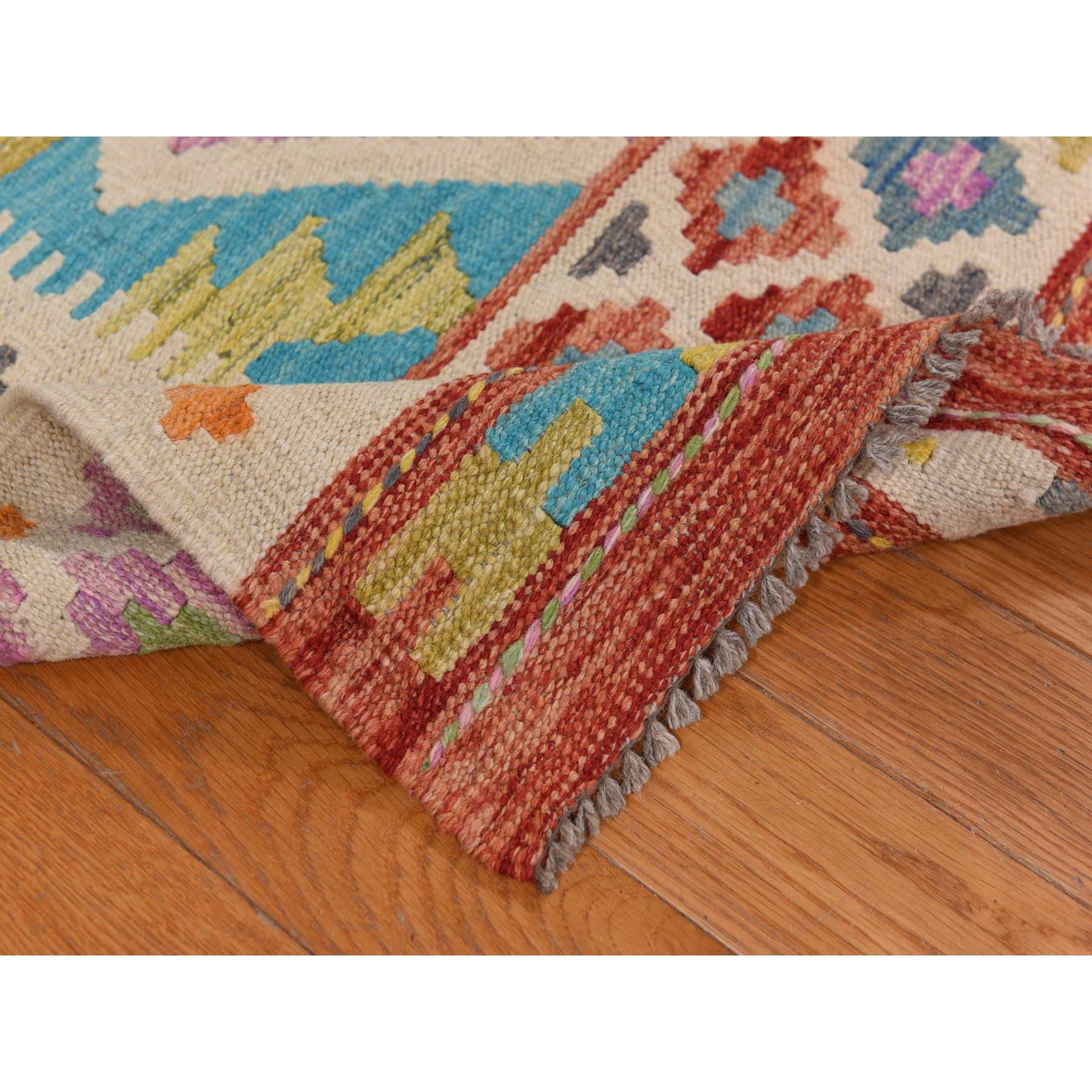8'4"x10'10" Bone White, Afghan Kilim with All Over Colorful Geometric Pattern, 100% Wool, Natural Dyes, Flat Weave, Hand Woven, Reversible, Oriental Rug Sh78346