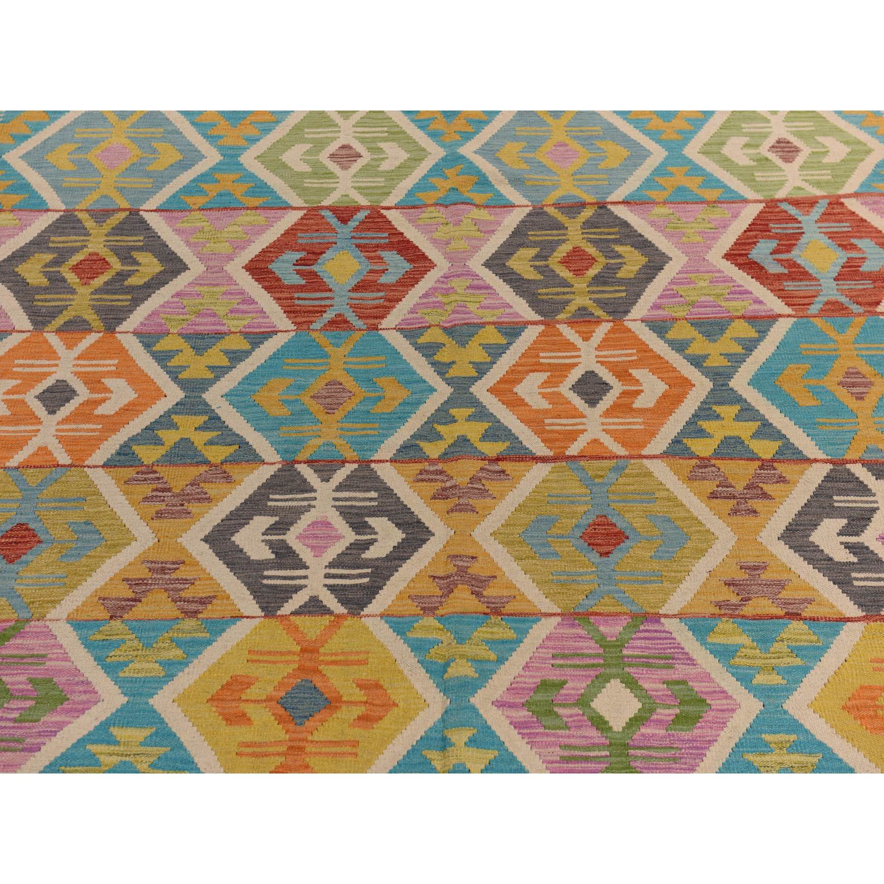 8'4"x10'10" Bone White, Afghan Kilim with All Over Colorful Geometric Pattern, 100% Wool, Natural Dyes, Flat Weave, Hand Woven, Reversible, Oriental Rug Sh78346