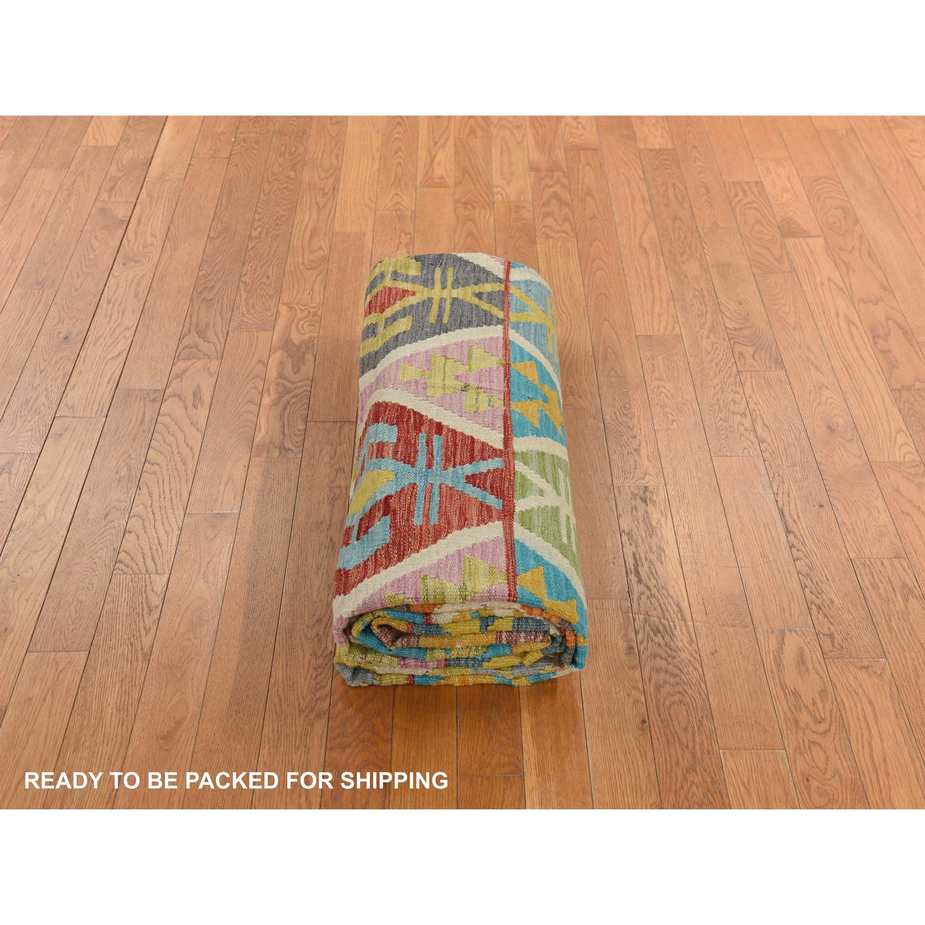 8'4"x10'10" Bone White, Afghan Kilim with All Over Colorful Geometric Pattern, 100% Wool, Natural Dyes, Flat Weave, Hand Woven, Reversible, Oriental Rug Sh78346