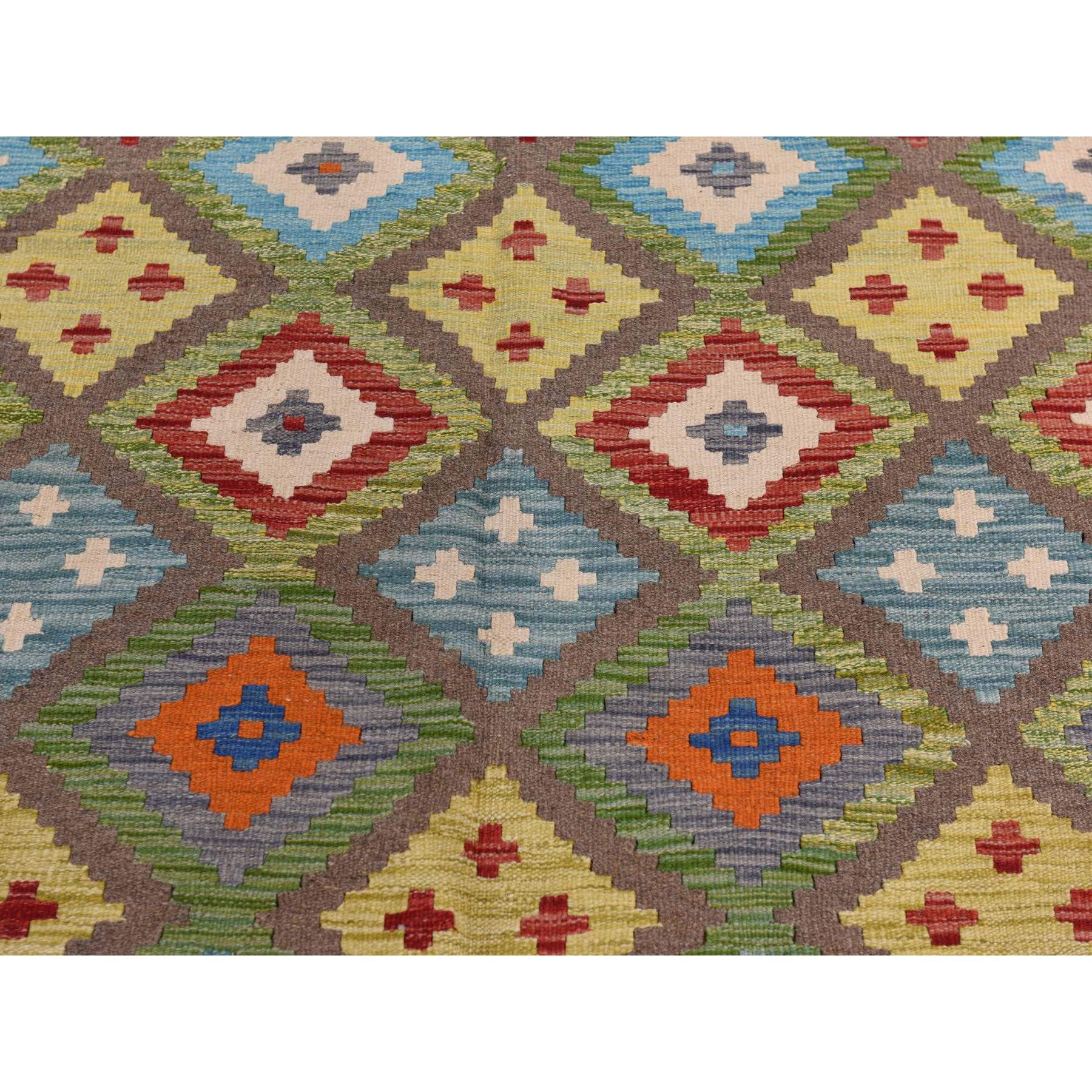 8'4"x9'10" Pickle Green, 100% Wool, Afghan Kilim with All Over Colorful Geometric Pattern, Natural Dyes, Flat Weave, Hand Woven, Reversible, Oriental Rug Sh78347