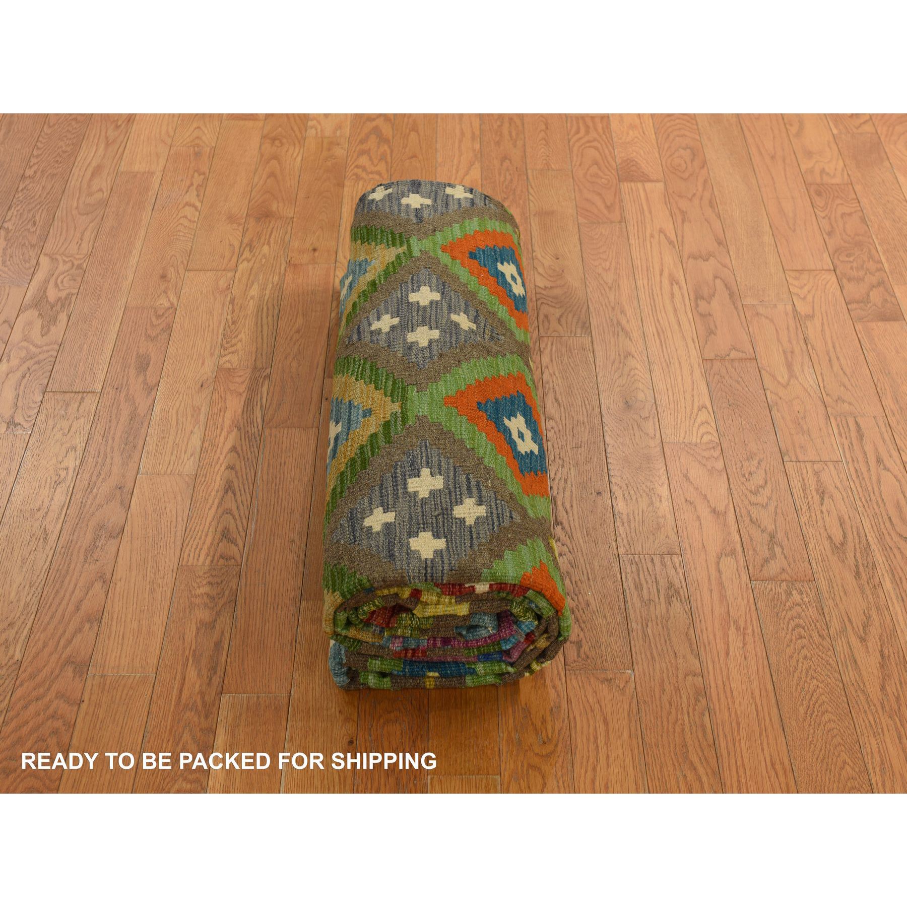 8'4"x9'10" Pickle Green, 100% Wool, Afghan Kilim with All Over Colorful Geometric Pattern, Natural Dyes, Flat Weave, Hand Woven, Reversible, Oriental Rug Sh78347