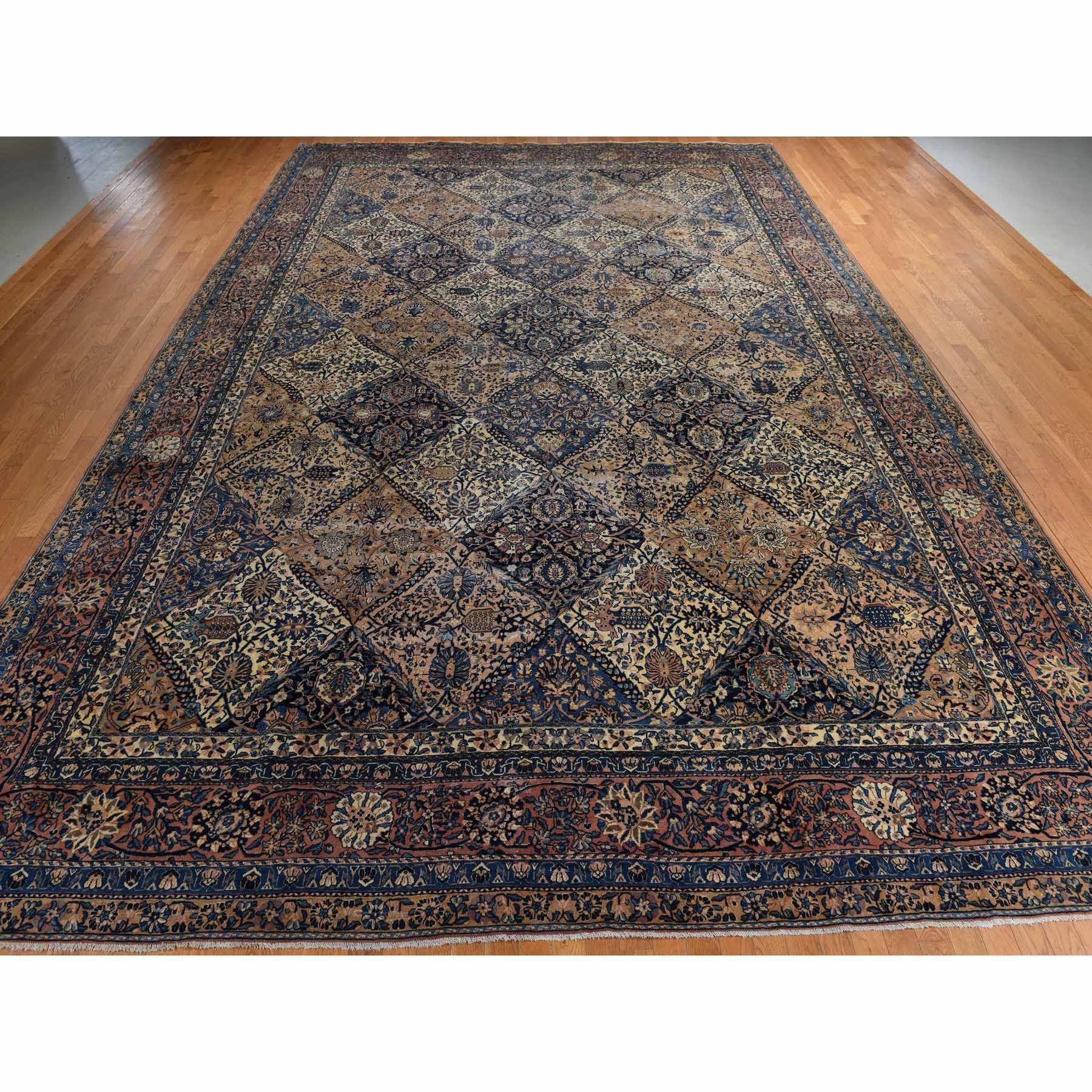 12'7"x19' Parchment Ivory, Antique Persian Kerman, Classic Garden All Over Flower Design, Soft Colors, Clean, Sides and Ends Professionally Secured, Soft, Evenly Worn, 100% Wool, Hand Knotted, Oversized, Oriental Rug Sh78349