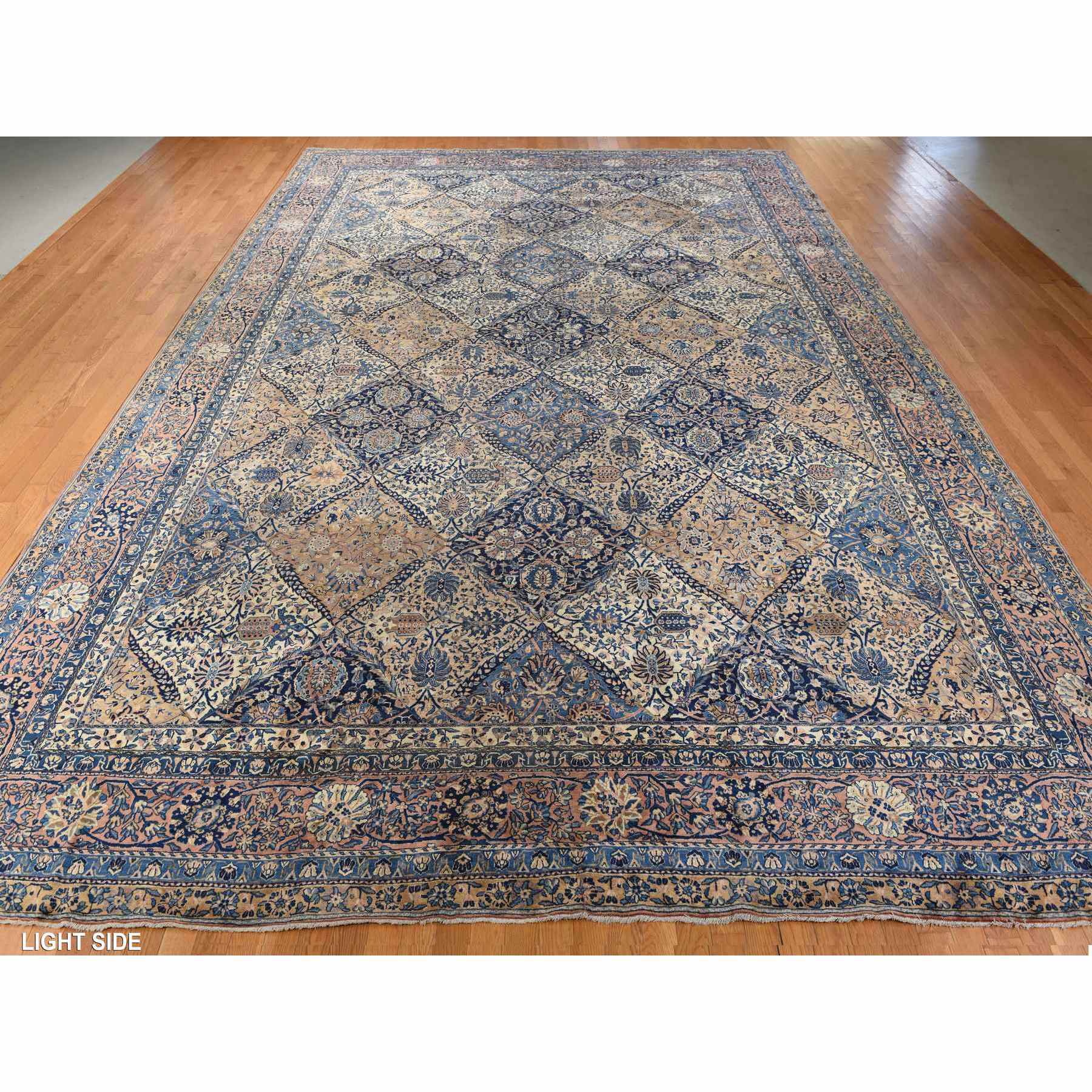 12'7"x19' Parchment Ivory, Antique Persian Kerman, Classic Garden All Over Flower Design, Soft Colors, Clean, Sides and Ends Professionally Secured, Soft, Evenly Worn, 100% Wool, Hand Knotted, Oversized, Oriental Rug Sh78349